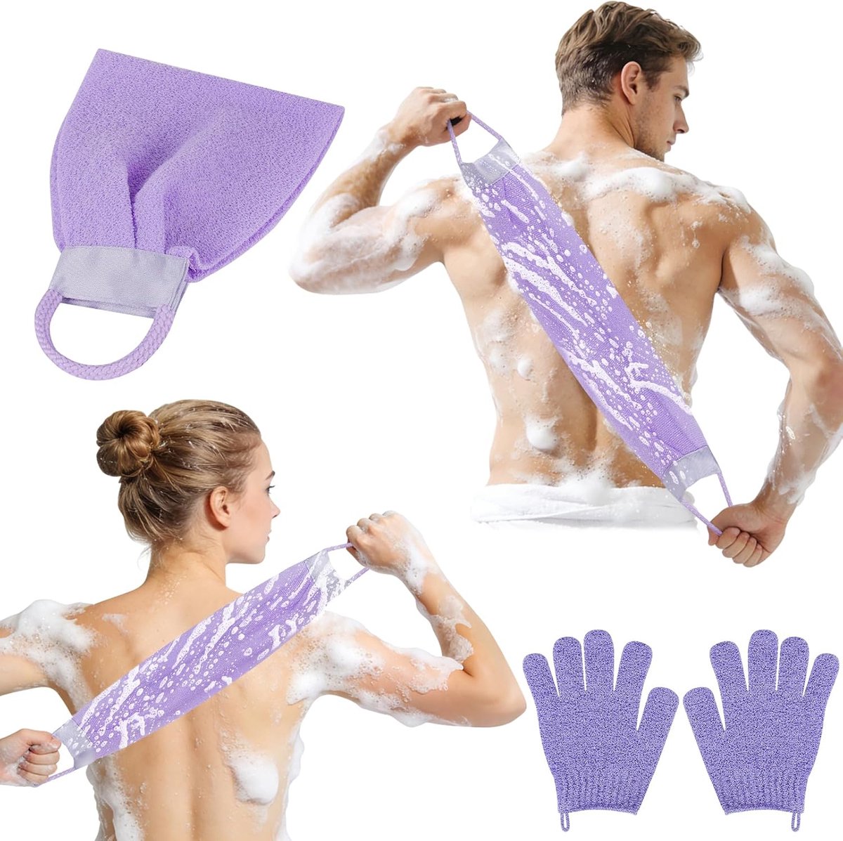 SnelShoppen - Peeling Glove Back Rubber Set - Scrub Gloves & Bamboo Fiber Scrubber - Douchehandschoenen voor Lichaam - Verwijder Dode Huid - Paars