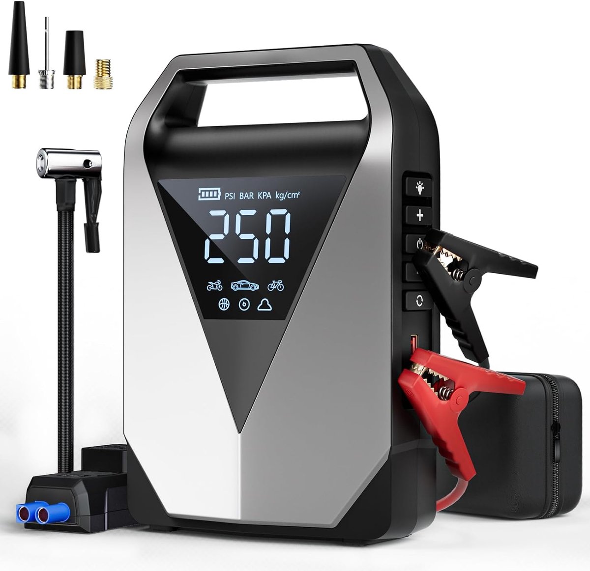 SnelShoppen - 6-in-1 Power Bank met Compressor, 3000 A Jump Starter, 150 PSI Bandenpomp, LCD Display, QC3.0 Snellader en LED Verlichting voor Auto, Ca