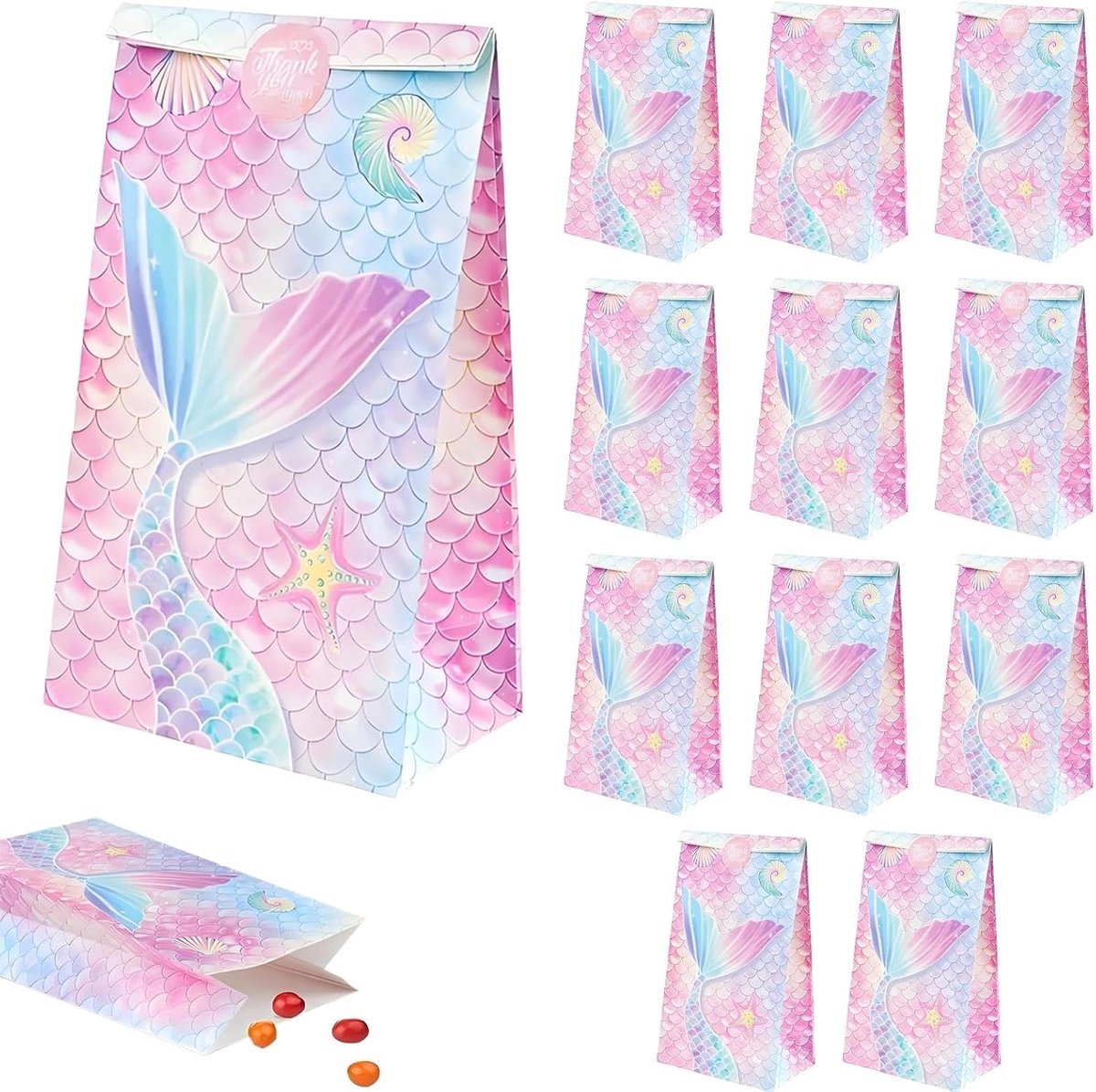 SnelShoppen - Zeemeerminnen Cadeauzakjes - Papieren Feesttassen voor Kinderverjaardag - 12 Stuks - Duurzaam, Herbruikbaar, Met Stickers - Perfect voor
