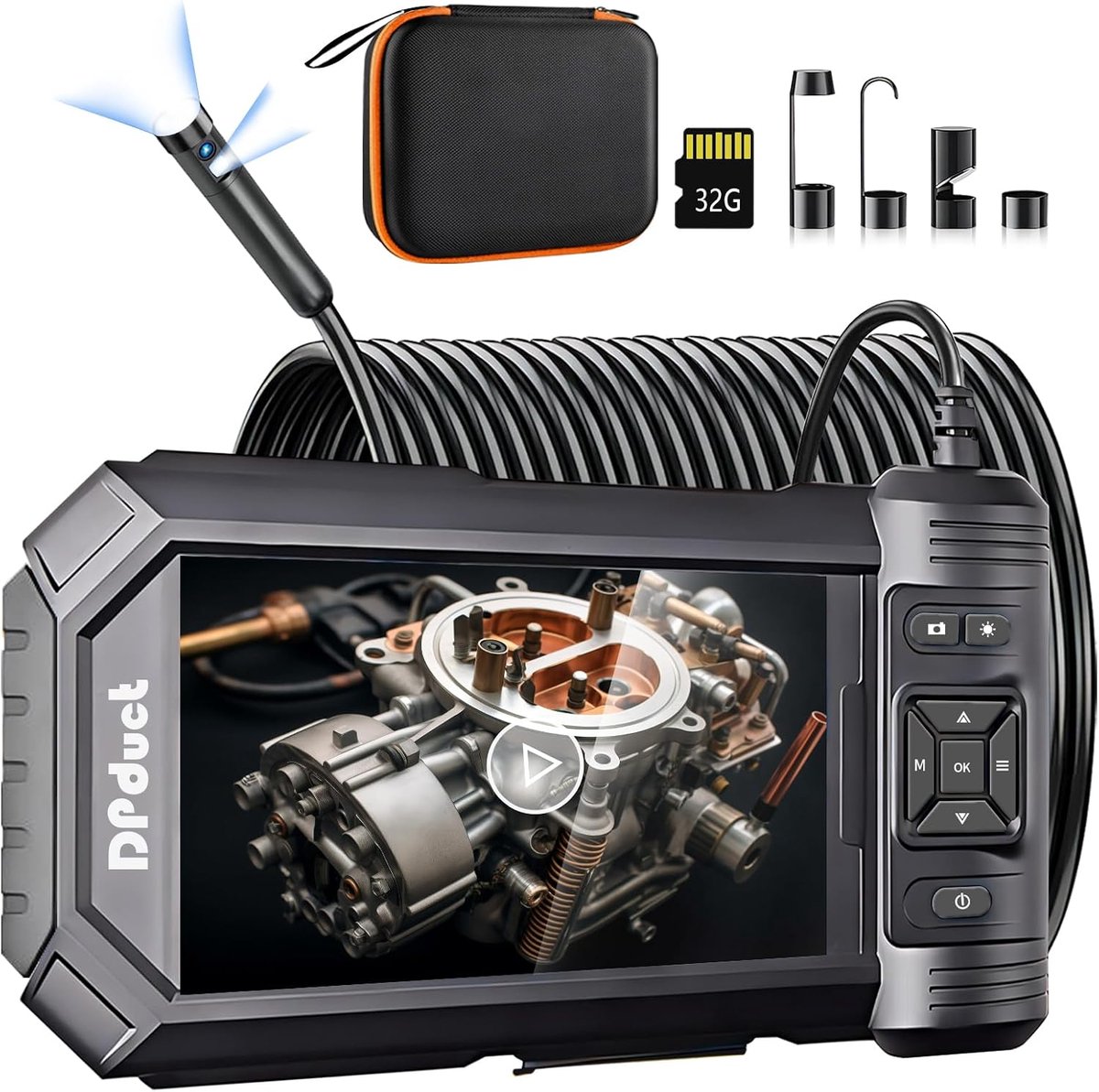 SnelShoppen - Dual Lens Snake Industrial Endoscope 1920P HD, 5" IPS Screen, 7.9mm Waterdichte Inspectie Camera met 10m Kabel en 32GB Geheugenkaart