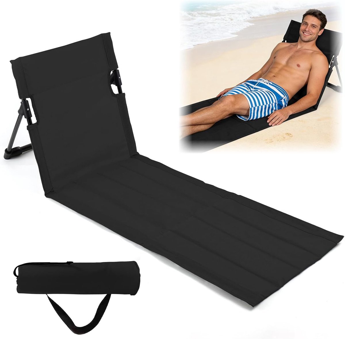 SnelShoppen - Floor Chair Outdoor Zwart Strandmat met Rugleuning, Vouwbare Lichtgewicht Strandstoel voor Kamperen, Strand, Reizen, Thuis (Extra Lange