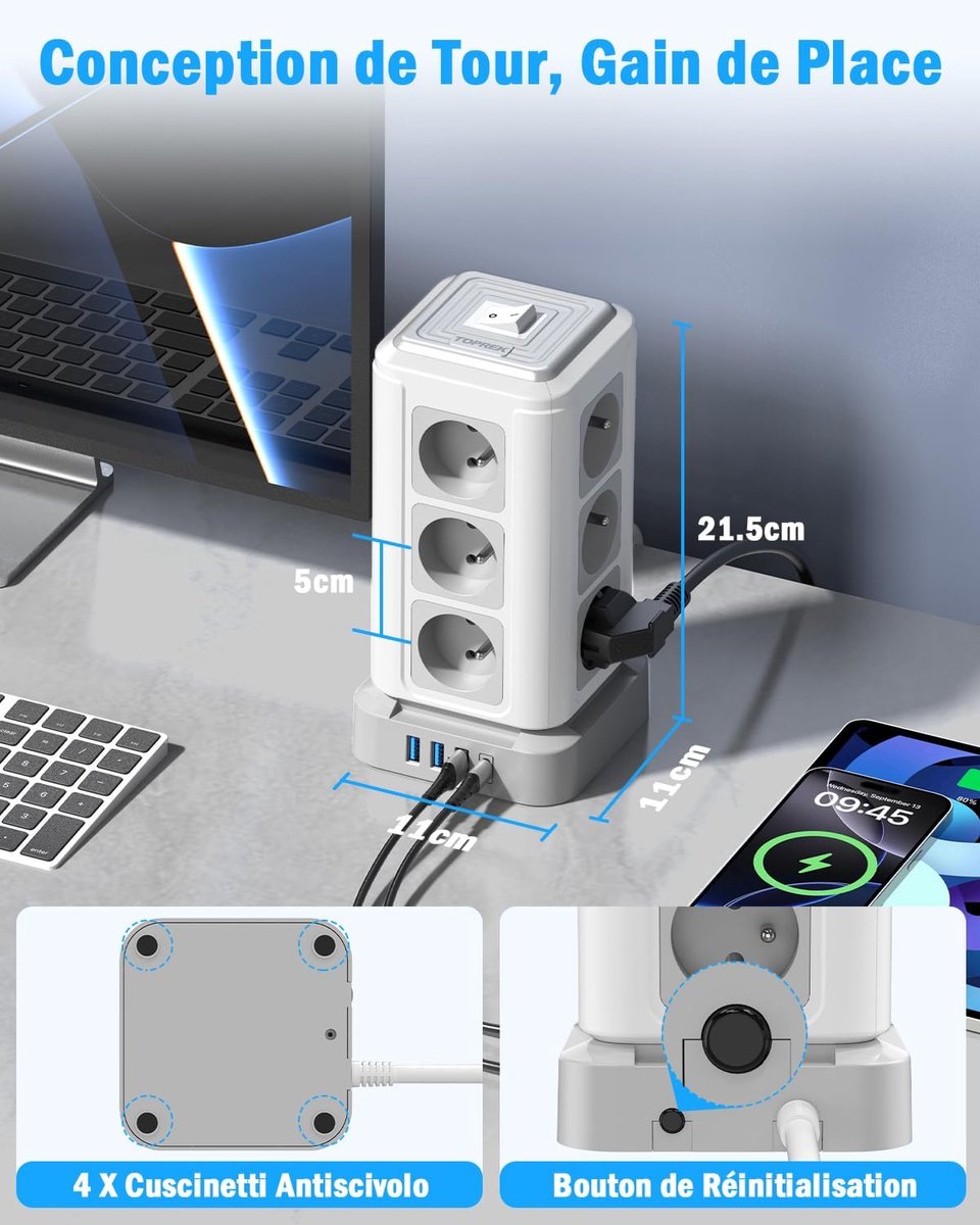 SnelShoppen - Stekkerdoos met 12 Franse Stopcontacten, 1 USB C (20W PD3.0), 3 USB A, Schakelaar, 2m Verlengkabel, Overspanningsbeveiliging voor Kantoo