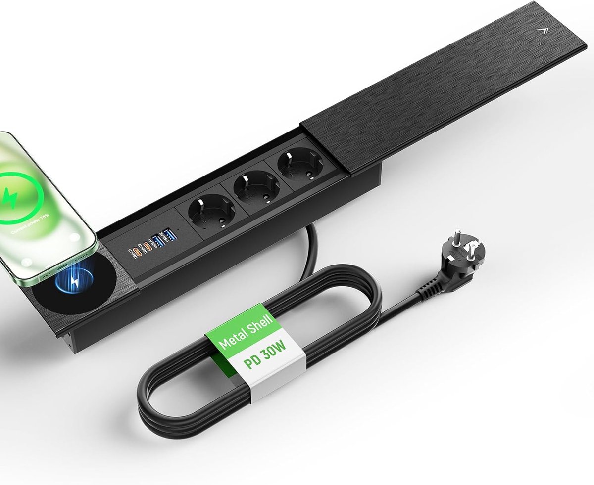 SnelShoppen - Retractable Tafel Stopcontact met USB C PD20W, 3-Way Socket, 15W Draadloze Oplader, Inbouw Stopcontact voor Bureau, Keuken, Kantoor, Zwa