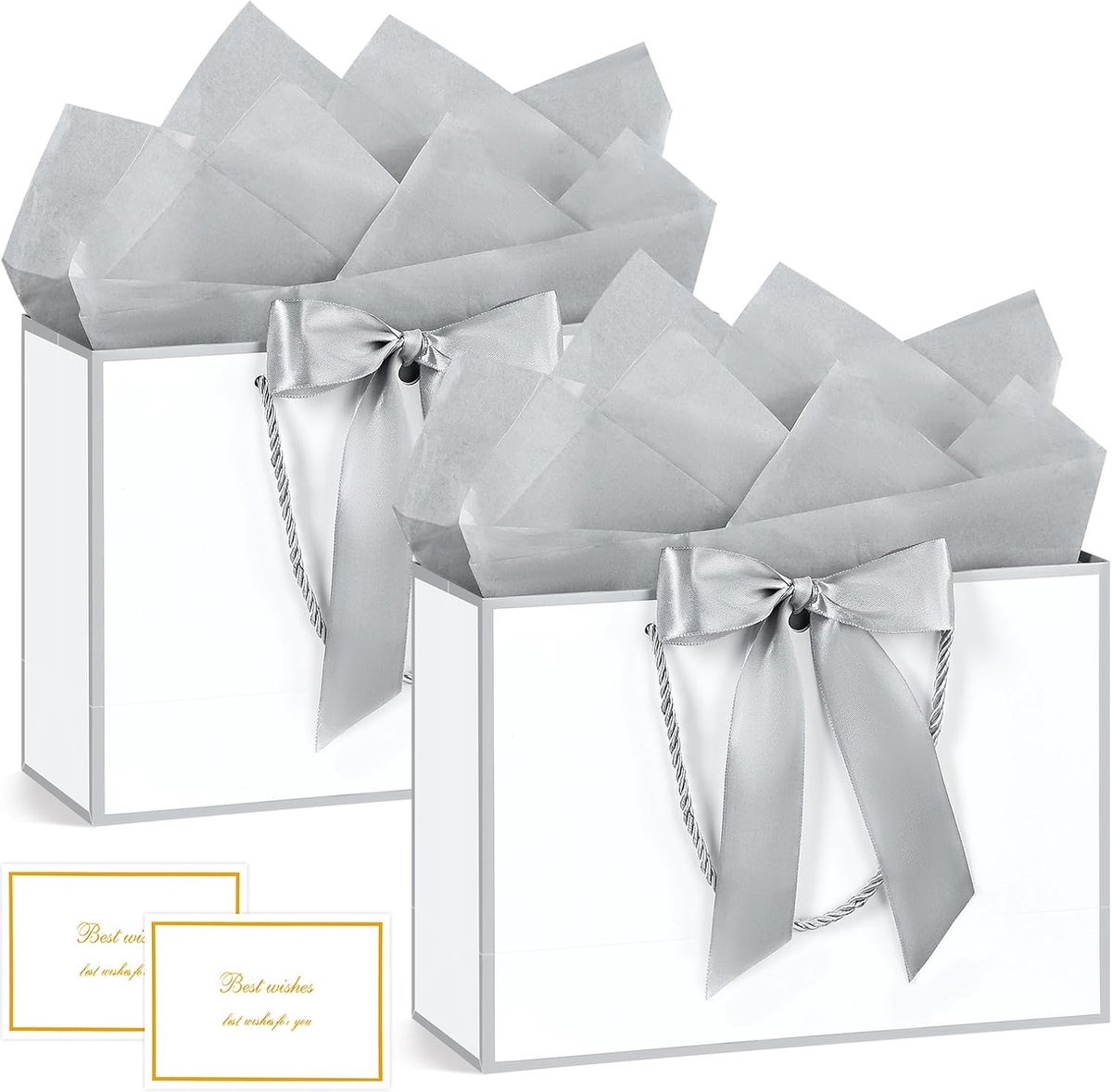 SnelShoppen - 2 Stuks Medium Papieren Cadeautassen met 4 Zijdenpapiertjes en 2 Kaarten, 28x20x10 cm, Wit met Zilveren Rand, Perfect voor Feesten en Ge