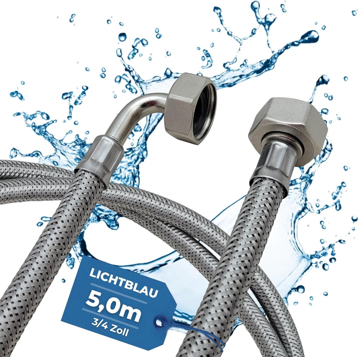 SnelShoppen - Lichtblau Kink-proof RVS Slang 5m - 3/4 Inch Aansluitingsslang voor Wasmachine en Vaatwasser - Universeel Gebruik met Afdichting