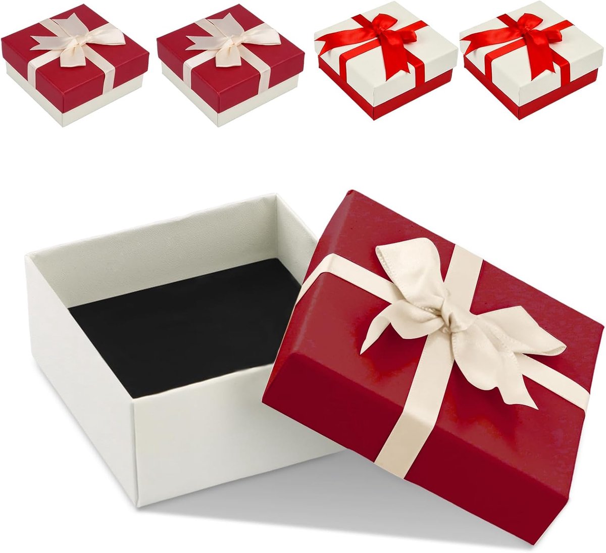 SnelShoppen - 4 Stuks Sieraden Geschenkdozen - Decoratieve Kartonnen Dozen met Strik - Earring en Ring Opbergdoos - Vierkante Beige Cadeau Dozen - Kle