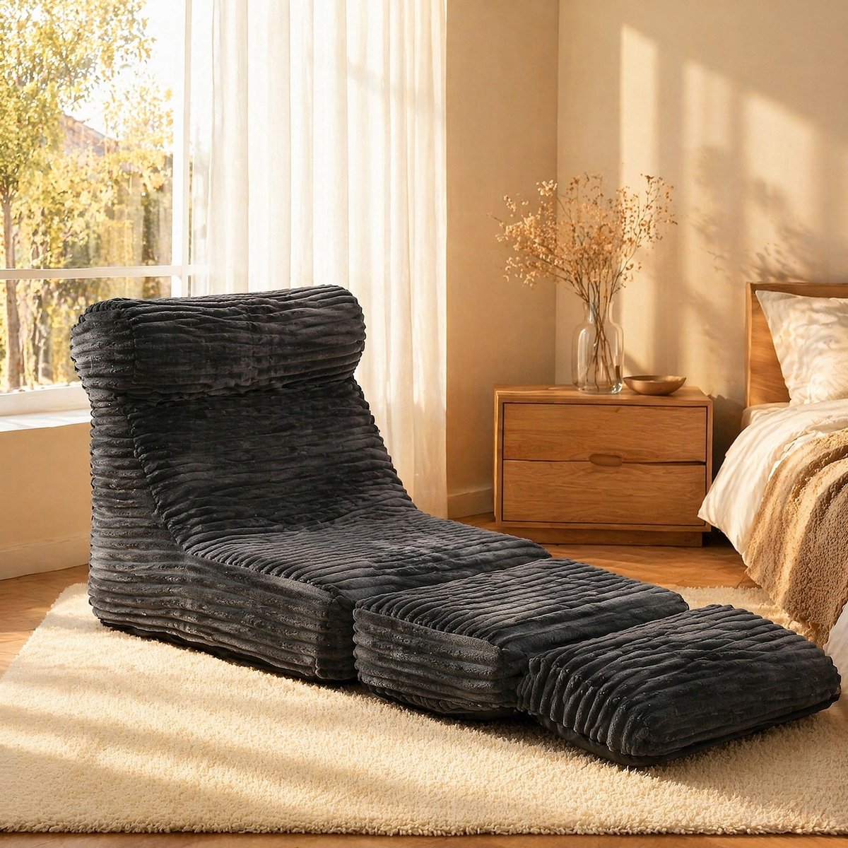 COVREO Zitzak 83x83x83 cm zwart, fluweel 2-in-1 loungebed met rugleuning
