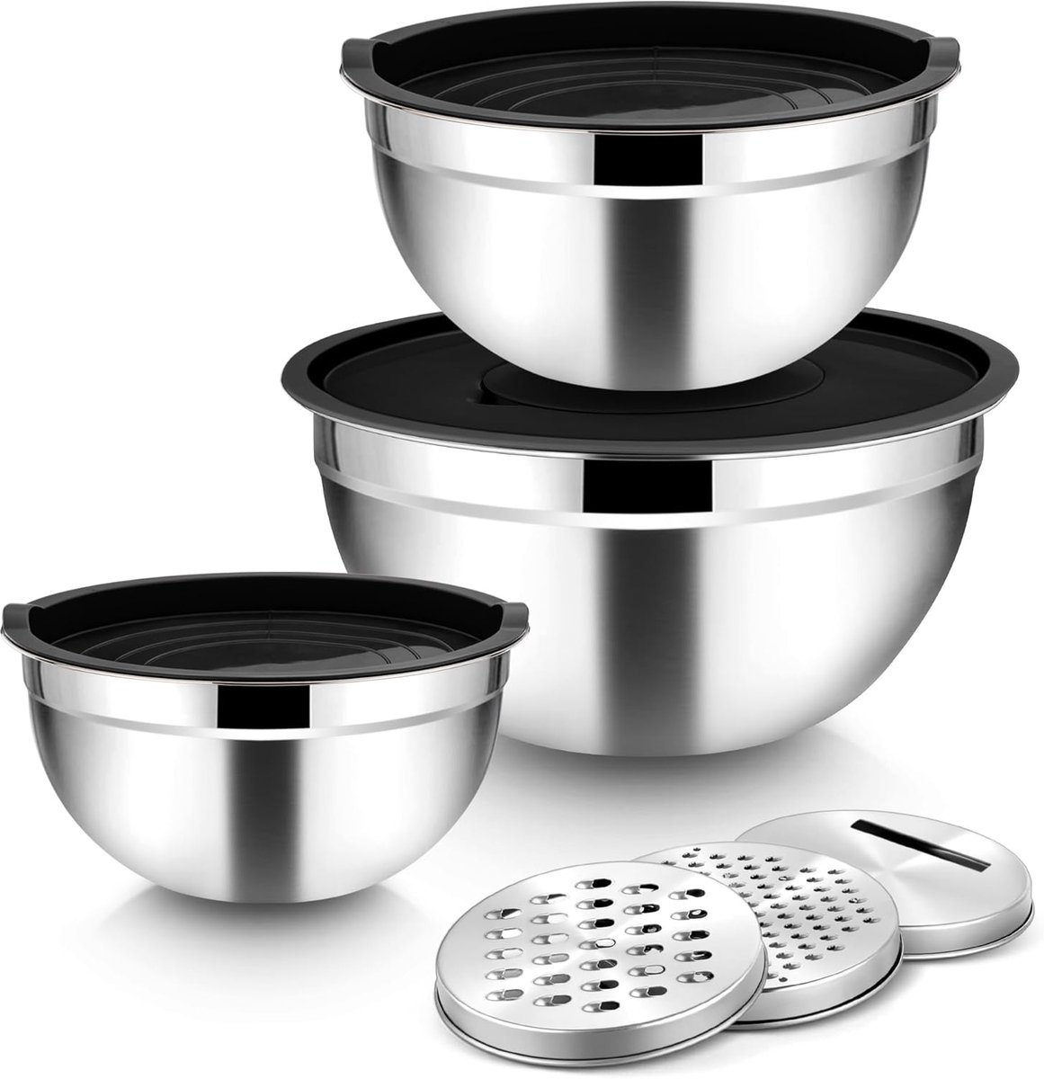 SnelShoppen - RVS Mengkom Set 3-Delig met Deksel, Saladeschaal met 3 Raspaccessoires voor Bakken en Opslag, 4.5L/2.7L/1.5L, Stapelbaar en Vaatwasmachi