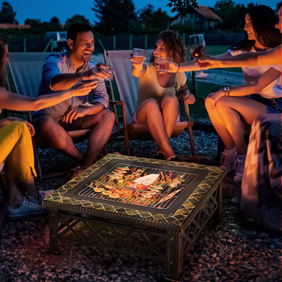 REDOM- Vuurschaal - 3-in-1 met grillrooster en vonkenscherm - Stalen uitvoering met vier poten - Zwart - 76 x 76 x 47 cm - Voor tuin en terras