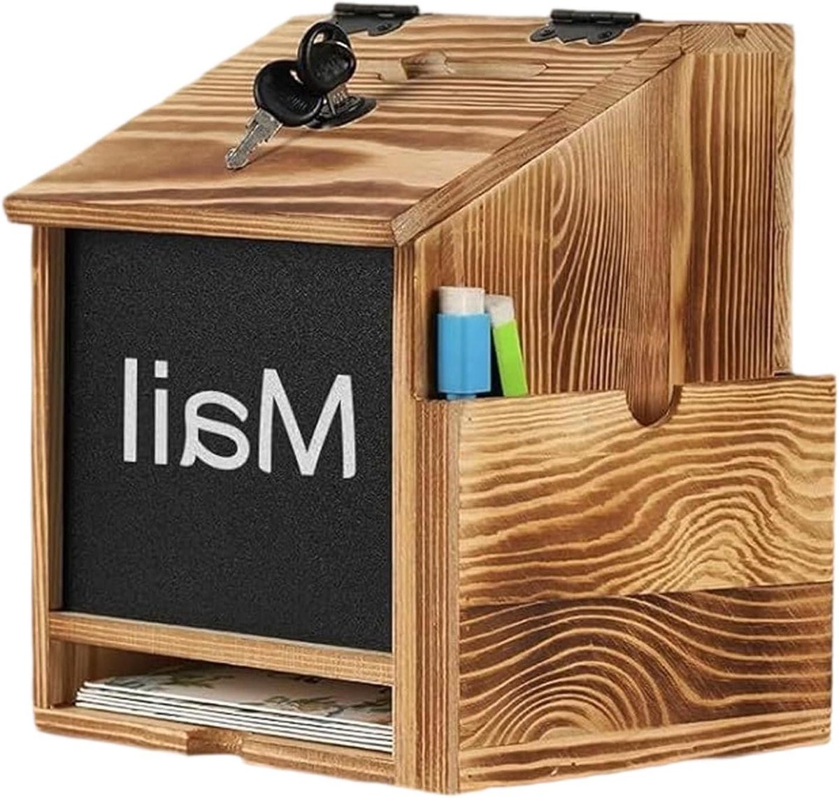 Suggestiebus Met Slot - Donatiebox Gebedsdoos - Fondsen Werven - Intuïtief Krijtbord - 25.5x19.7x25.5 cm - Houtkleur