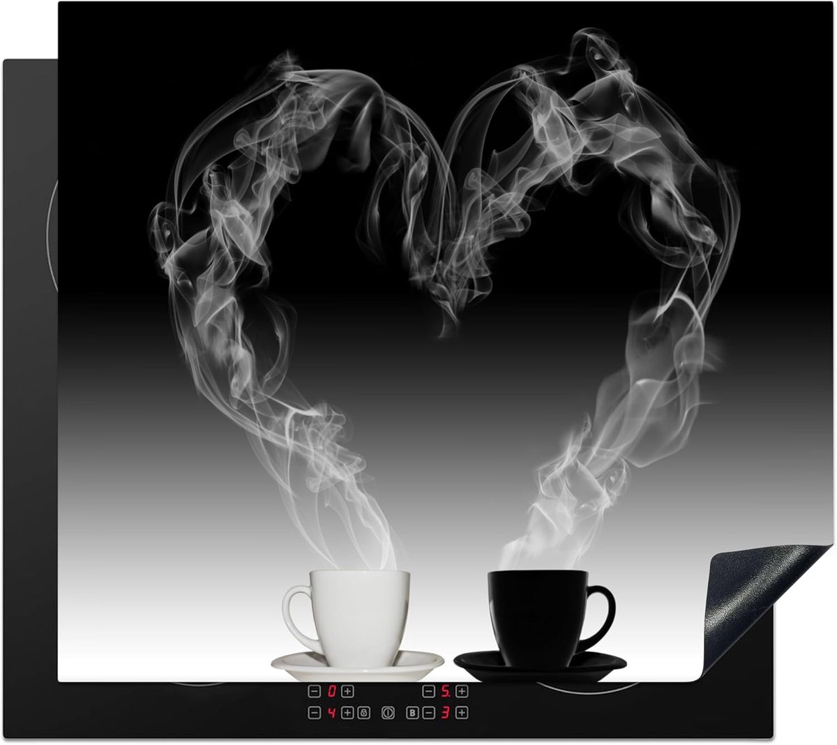SnelShoppen - Inductie Beschermmat 60x52cm Keuken Decoratie Kookplaat Beschermhoes Antislip Mat - Koffie - Hart - Zwart Wit - Stilleven | 60 x 52 cm -
