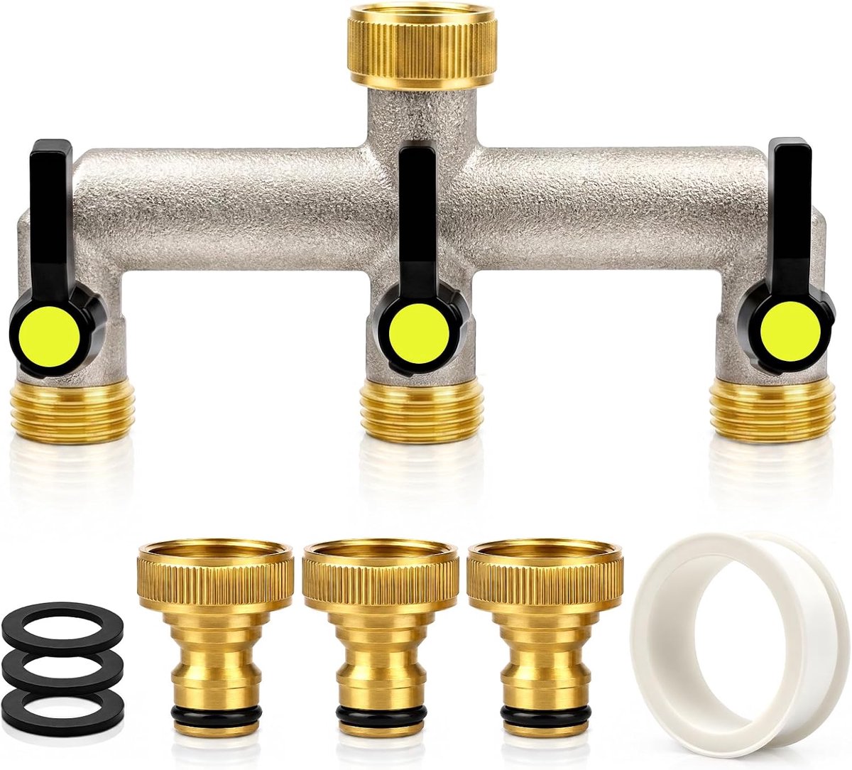SnelShoppen - 3-weg waterverdeler met verlengde handgreep, 3/4 inch adapter, individuele afsluitkranen, 3 stuks 3/4 inch naar 1/2 inch kraanverbinding