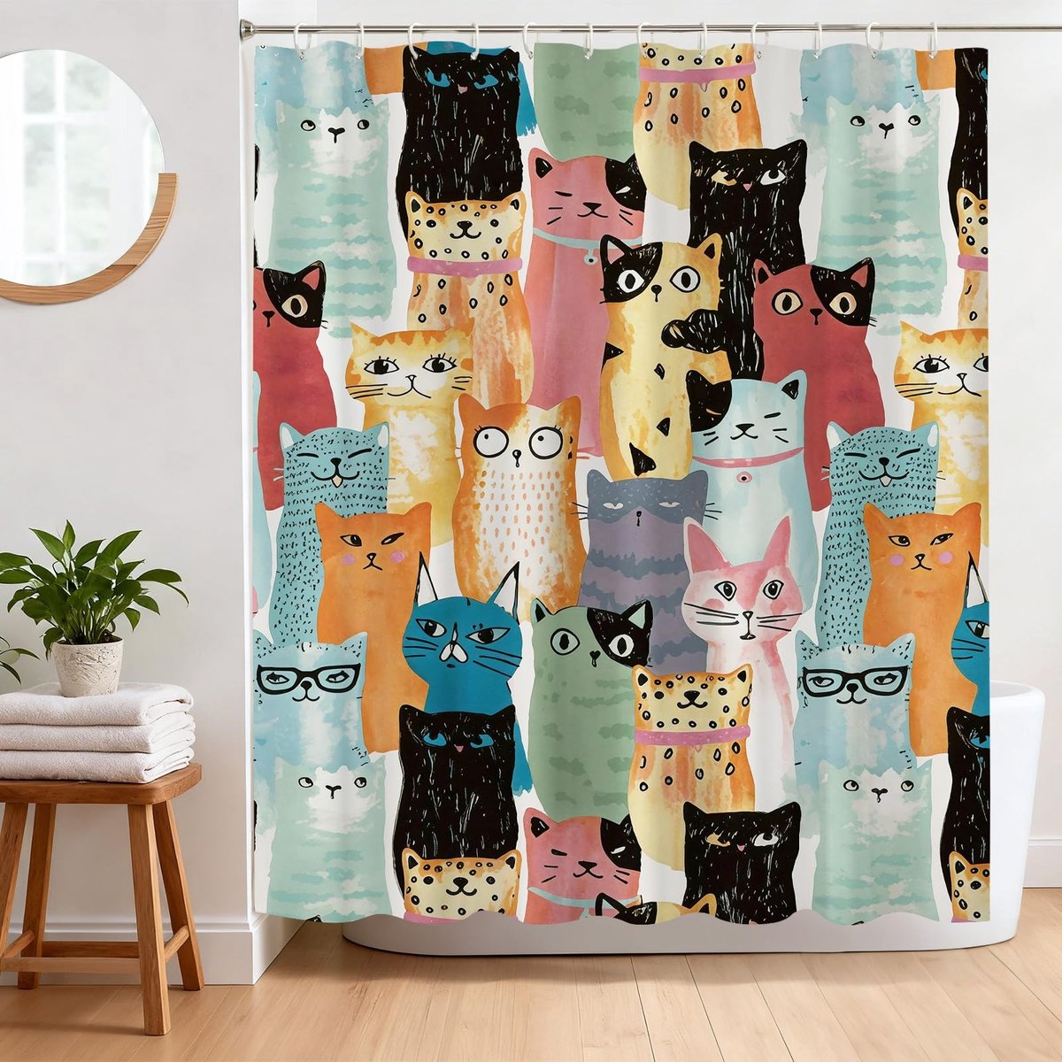 Omgoods - Douchegordijn Schattige Katten 182 x 182 cm Waterdicht en Wasbaar