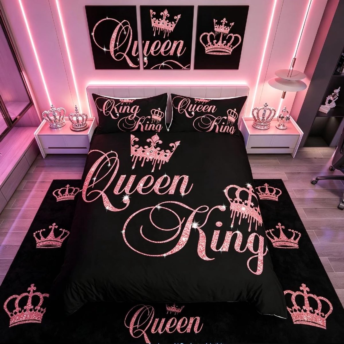 Omgoods - Crown Dekbedovertrek Set voor Koppels - Zwart Roze Rood - Romantische Bedsprei