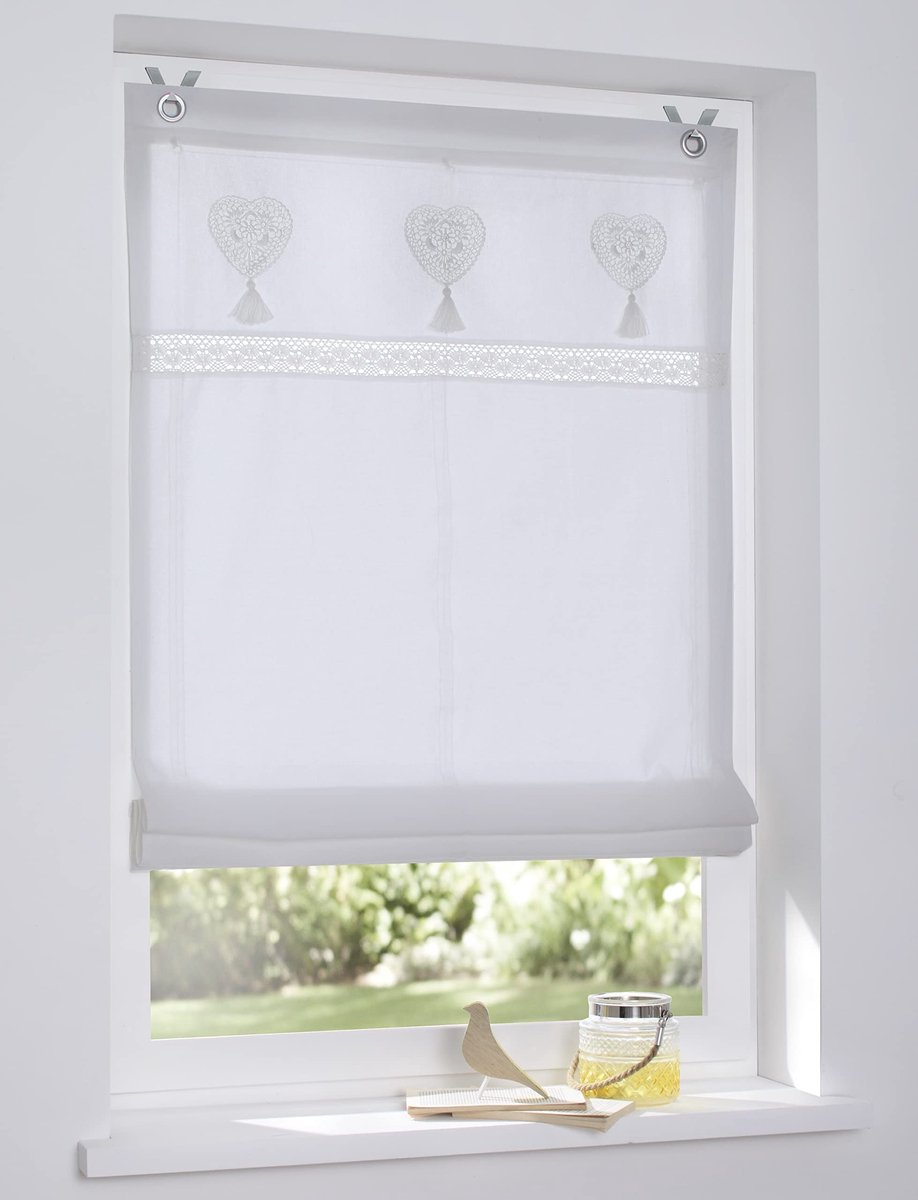 Omgoods - Roman Rolgordijn met Oogjes - Wit met Hart Borduurmotief, 80x140 cm