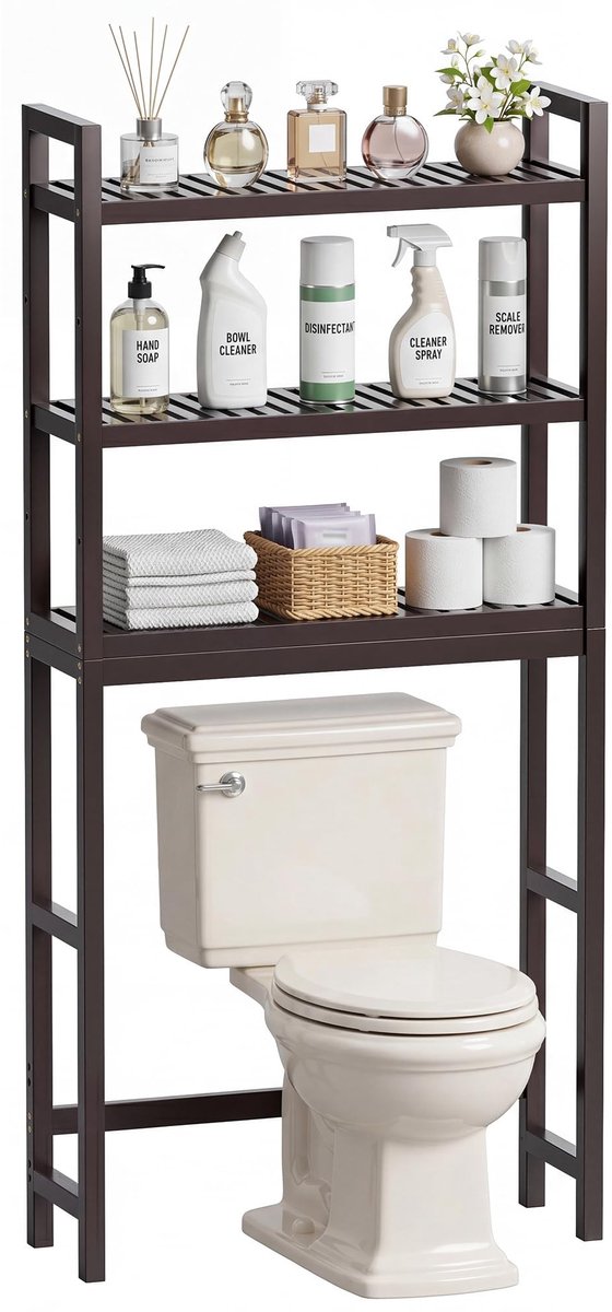 Omgoods - Bamboo Badkamer Opbergrek - Freestanding Toilet Organizer met 3 Verstelbare Planken