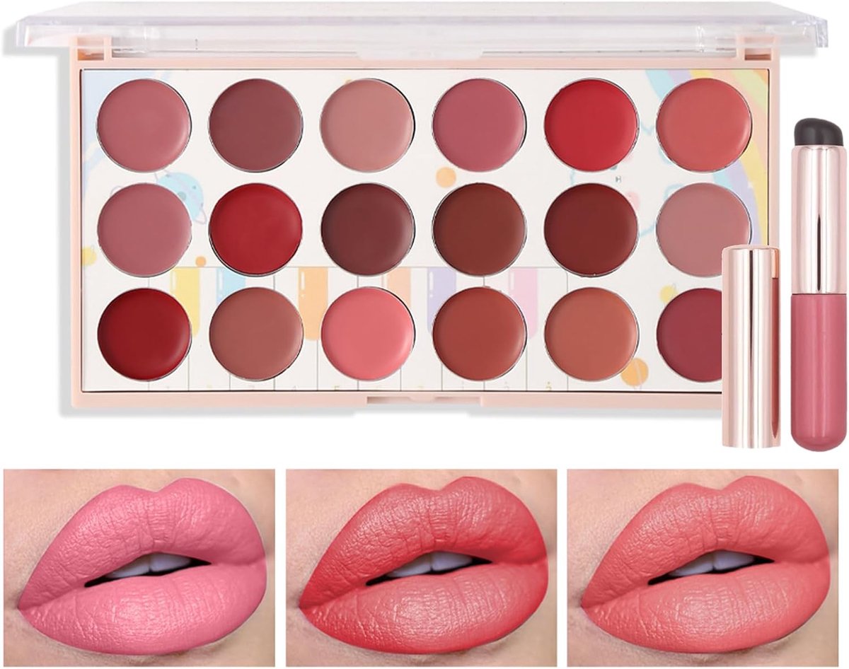 Lippenstiftpalet, 18 kleuren, professionele set voor vrouwen met kwast van zachte siliconen, voor tieners, moeder, meisje