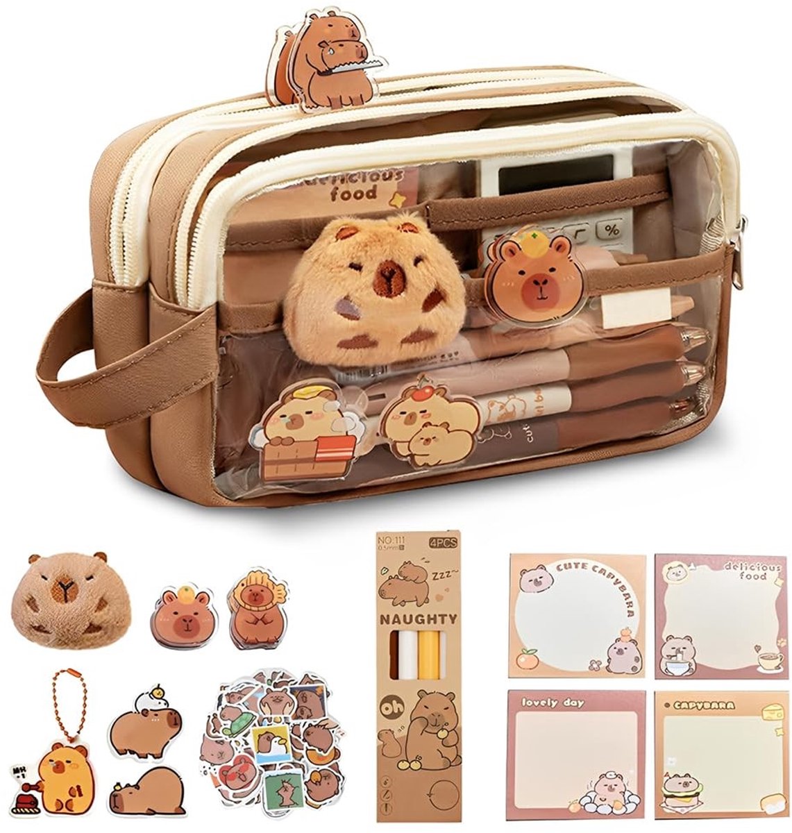 Omgoods - Capybara Schattige Pennenbak met Stickers - Grote Capaciteit en Multi-laags Ontwerp