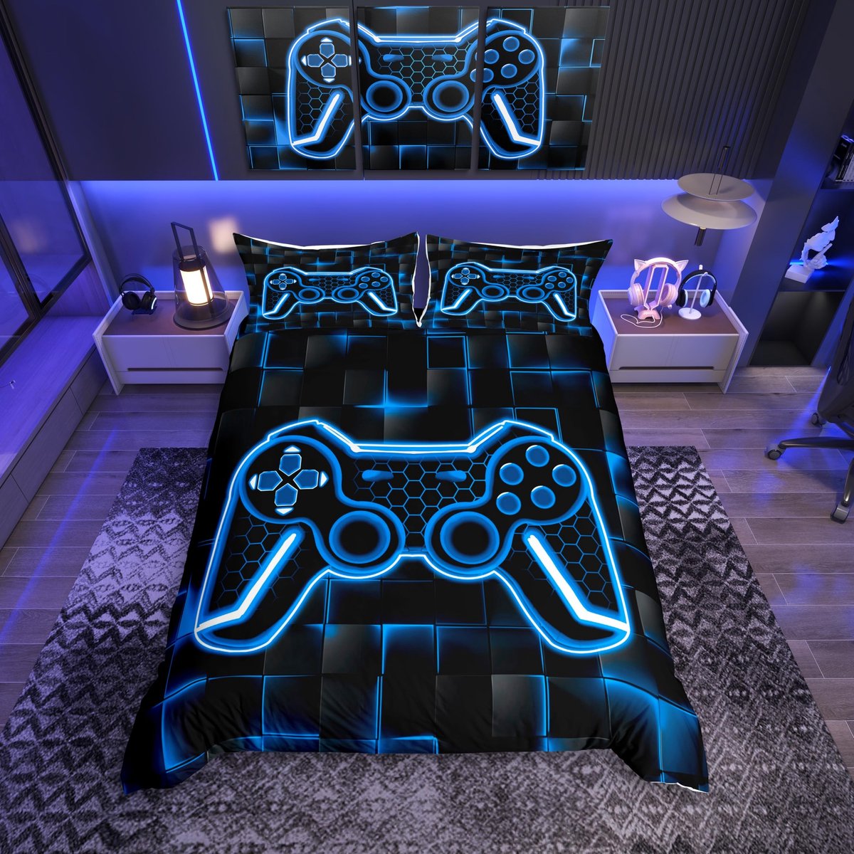 Omgoods - Kinderbeddengoed Set voor Gaming - Blauw en Zwart met Honingraatpatroon