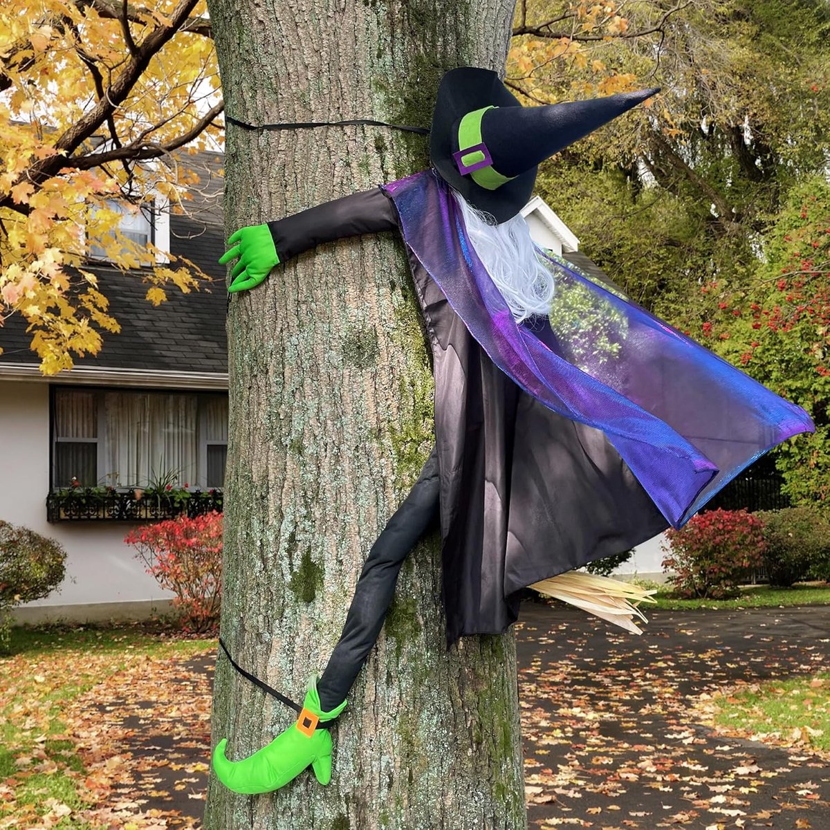 Outdoor Halloween Decoraties Grote Crashing Heks 163cm H, Grappige Heks Vliegen in Boom, Vliegende Heksen Rekwisieten Ornamenten voor Voortuin, Voortuin, Voorveranda, Binnen, Halloween