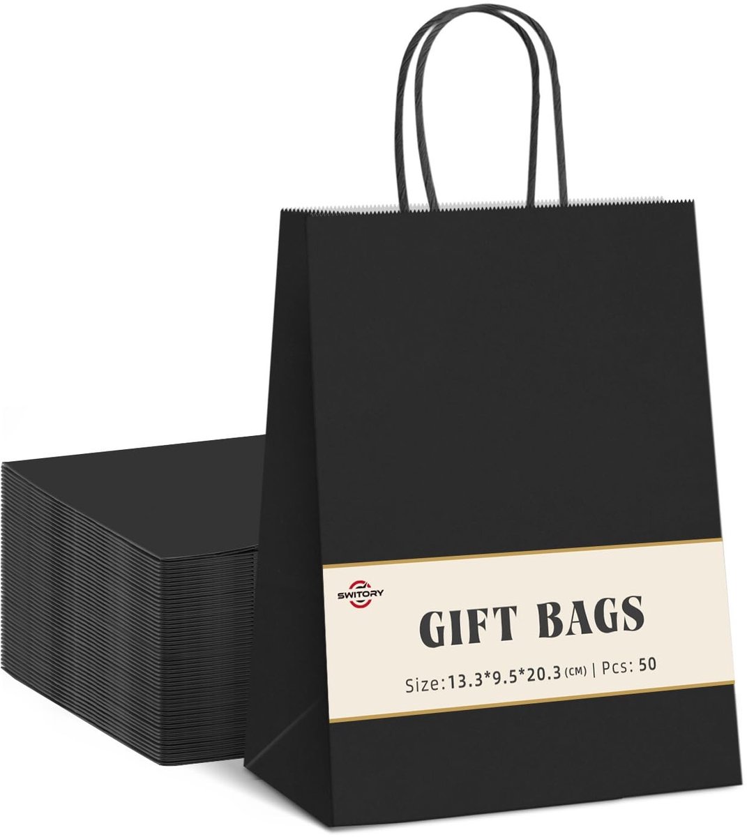 Omgoods - 50 Zwarte Kraft Papieren Cadeauzakken met Handvat - Voor Verjaardag en Feestdagen