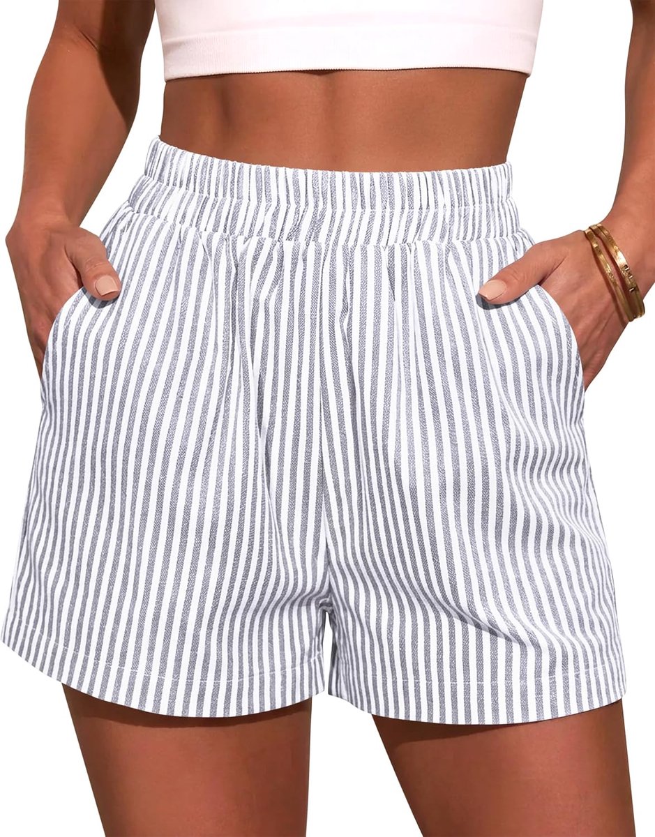Zomershorts voor dames, gestreept, katoen, zacht, casual, korte broek, elastische taille, lichte shorts met zakken, slaapbroek