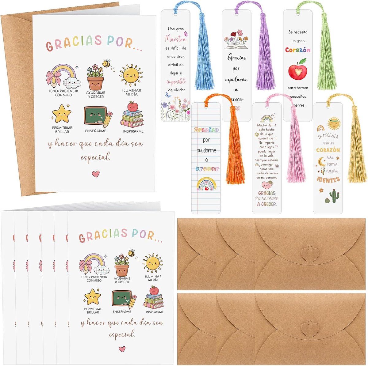 Cadeauset Voor Leerkrachten 6 Bladwijzers Met Dankbare Zinnen in Het Spaans, 6 Bedankkaartjes en 6 Enveloppen