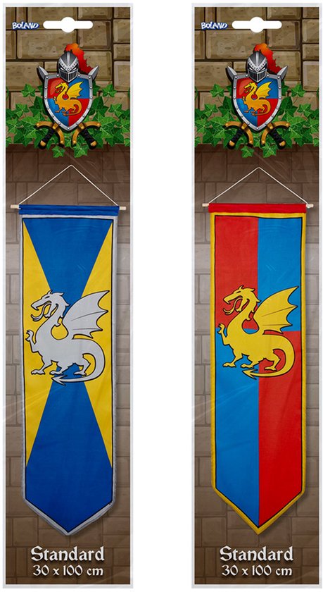 Verpakking met twee ridderbanieren: een met zilveren draak (geel-blauw) en een met gele draak (rood-blauw). Afmeting 30x100 cm.