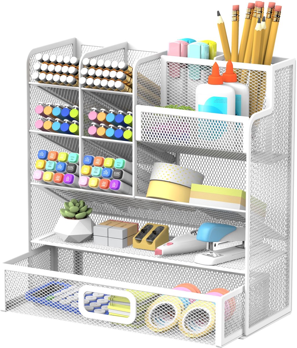 Omgoods - Mesh Penhouder voor Bureau met Lade - Desk Organizer in Wit