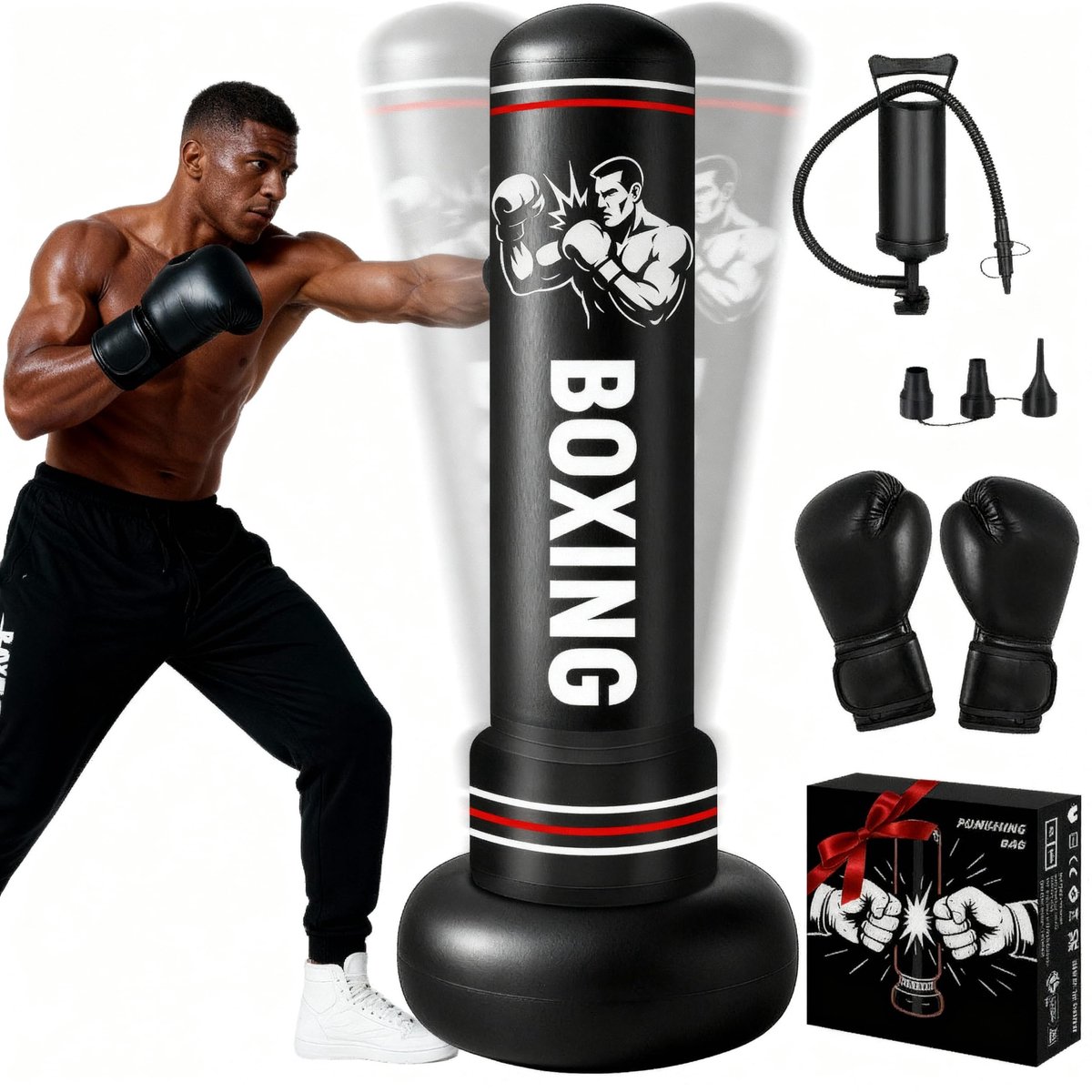 Omgoods- Bokszak 190 cm - Staande Bokszak - Opblaasbaar - Bokshandschoenen - Kickbokstraining - Hoogwaardige PVC - Duurzaam
