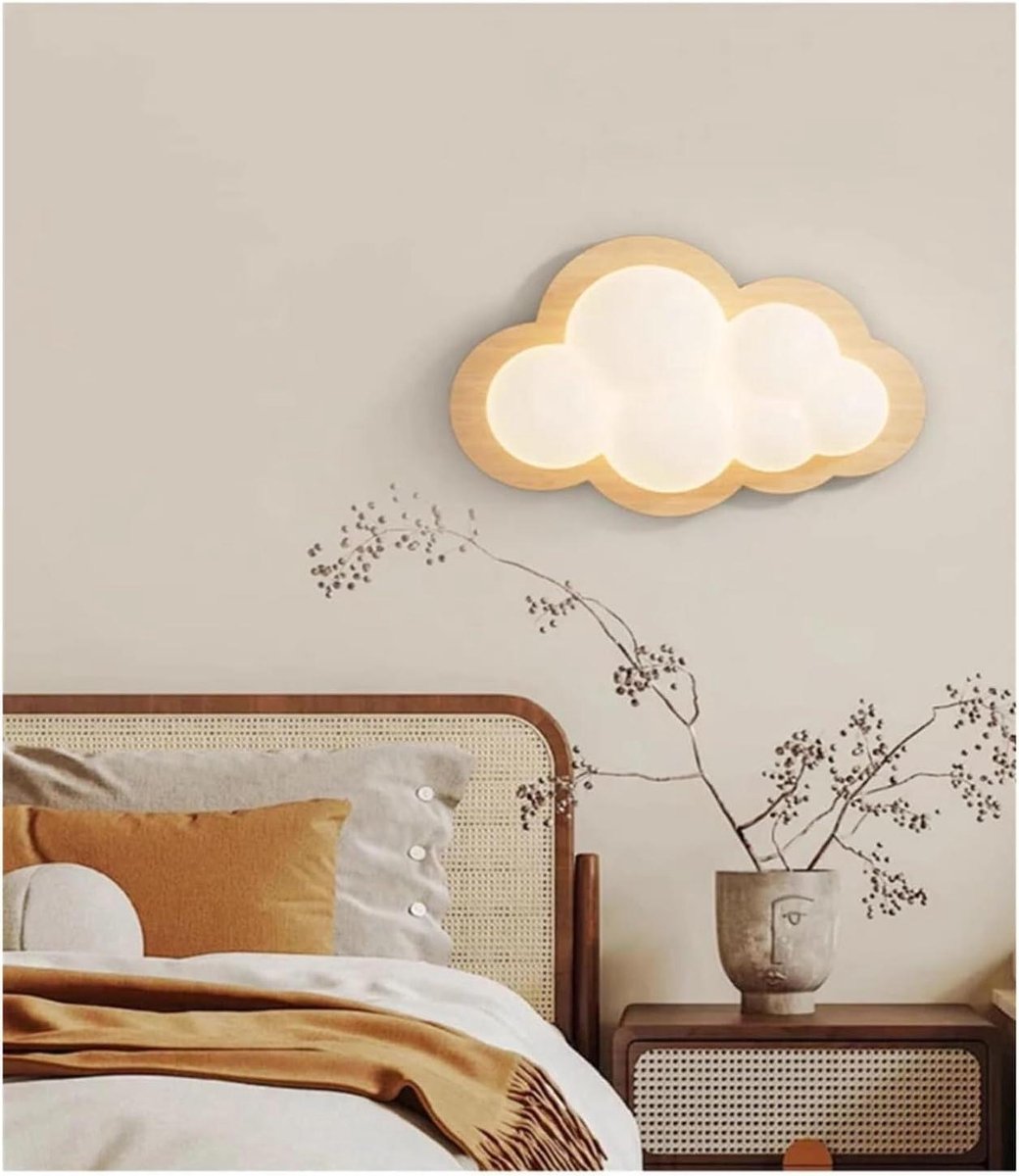 Wolk Wandlampen - Nachtlamp Kinderkamer - Sfeerverlichting Creëren - Massief Houten Design - 24cm - Houtkleur