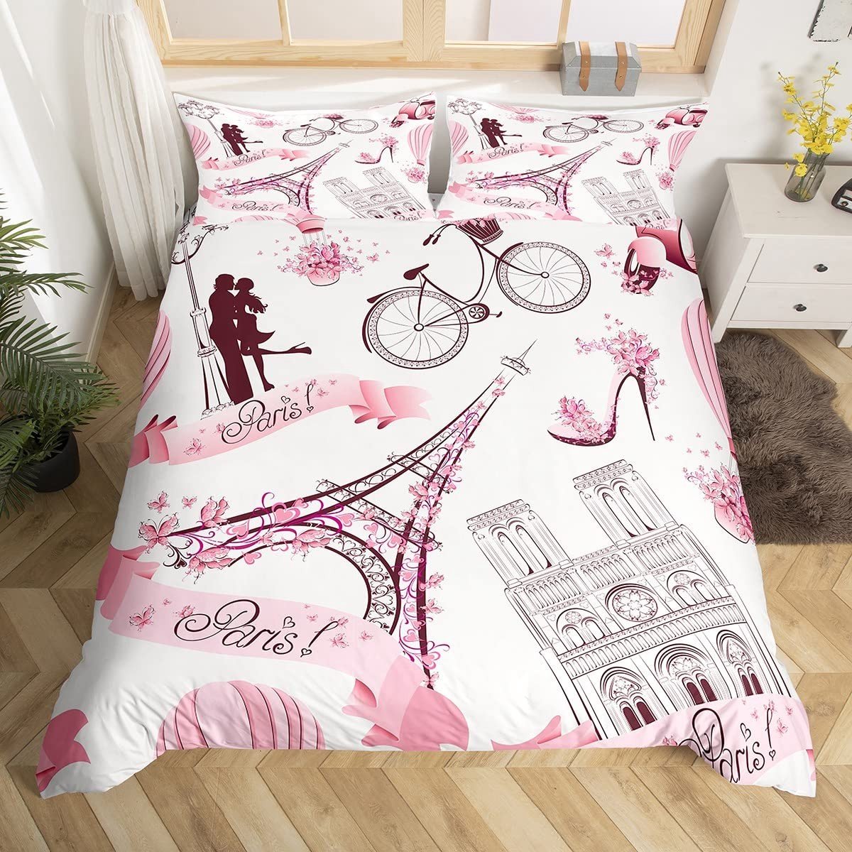 Omgoods - Eiffeltoren Dekbedovertrek Set Roze Microvezel Kingsize