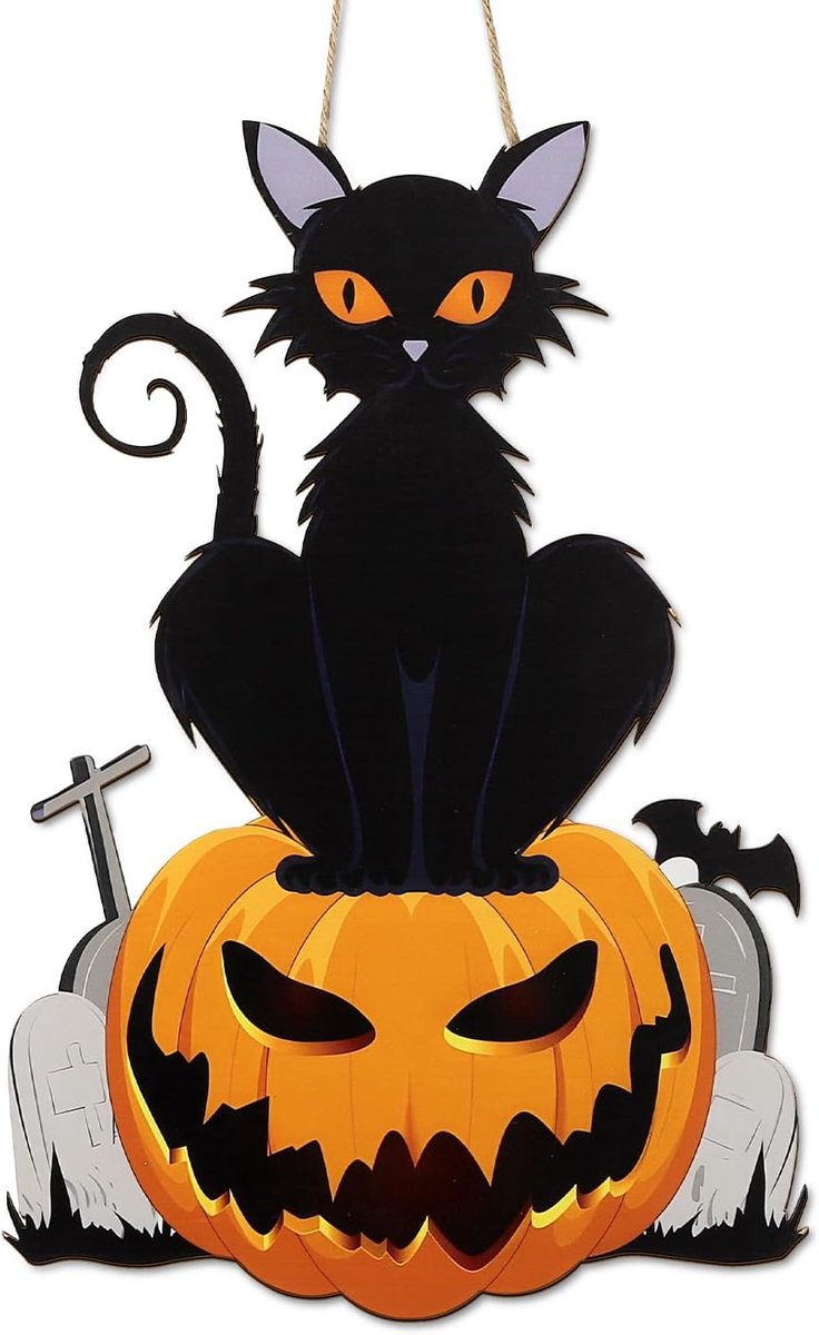 Halloween Kat Wanddecoratie, Spookachtige Pompoen Zwarte Kat Voordeur Decor voor Raam Deur Binnen Buiten Griezelige Feestdag Veranda Decoratie 40x27 cm