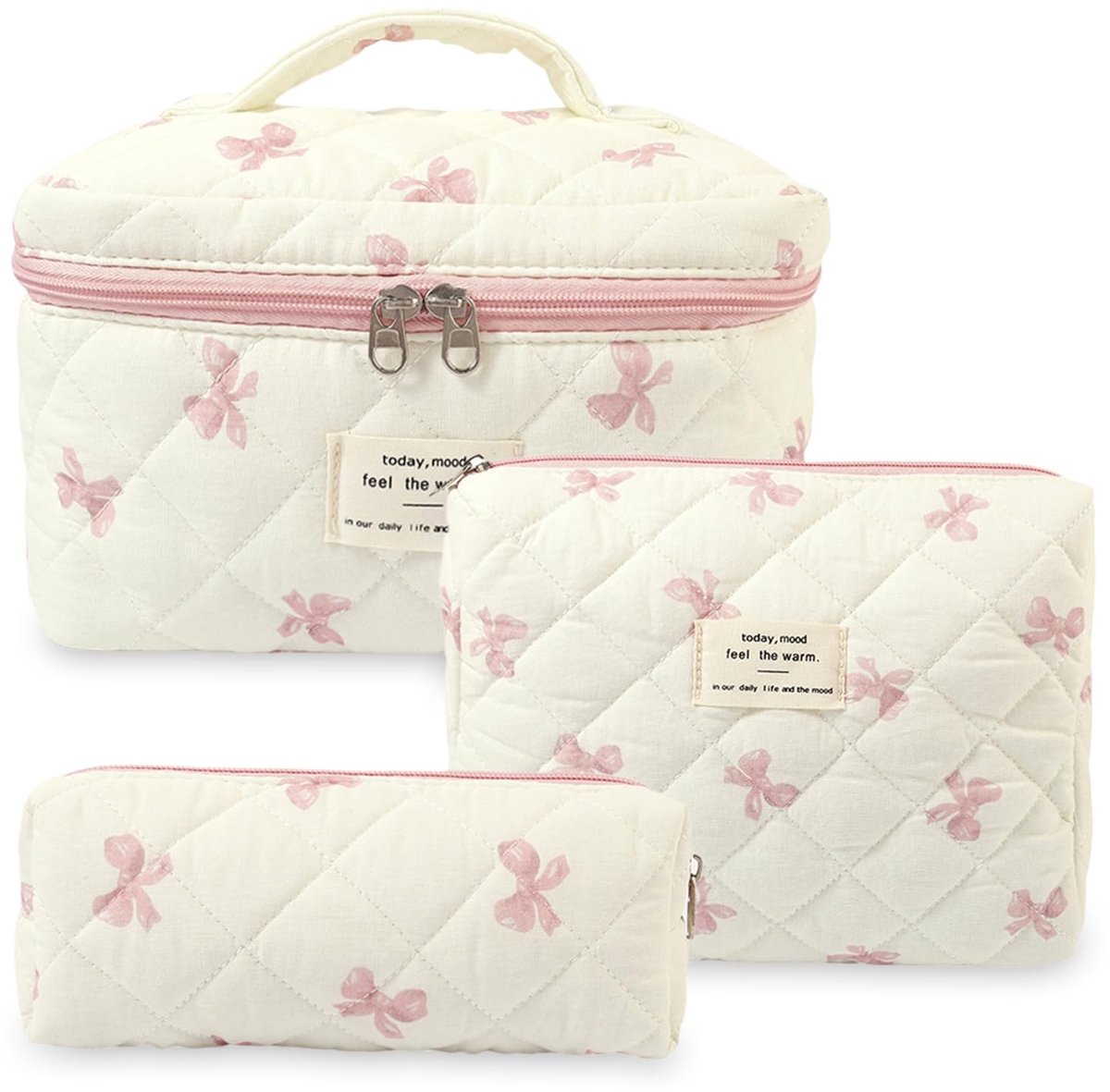 Omgoods - 3-delige Coquette Make-up Tas Set - Gewatteerde Toilettassen voor Vrouwen