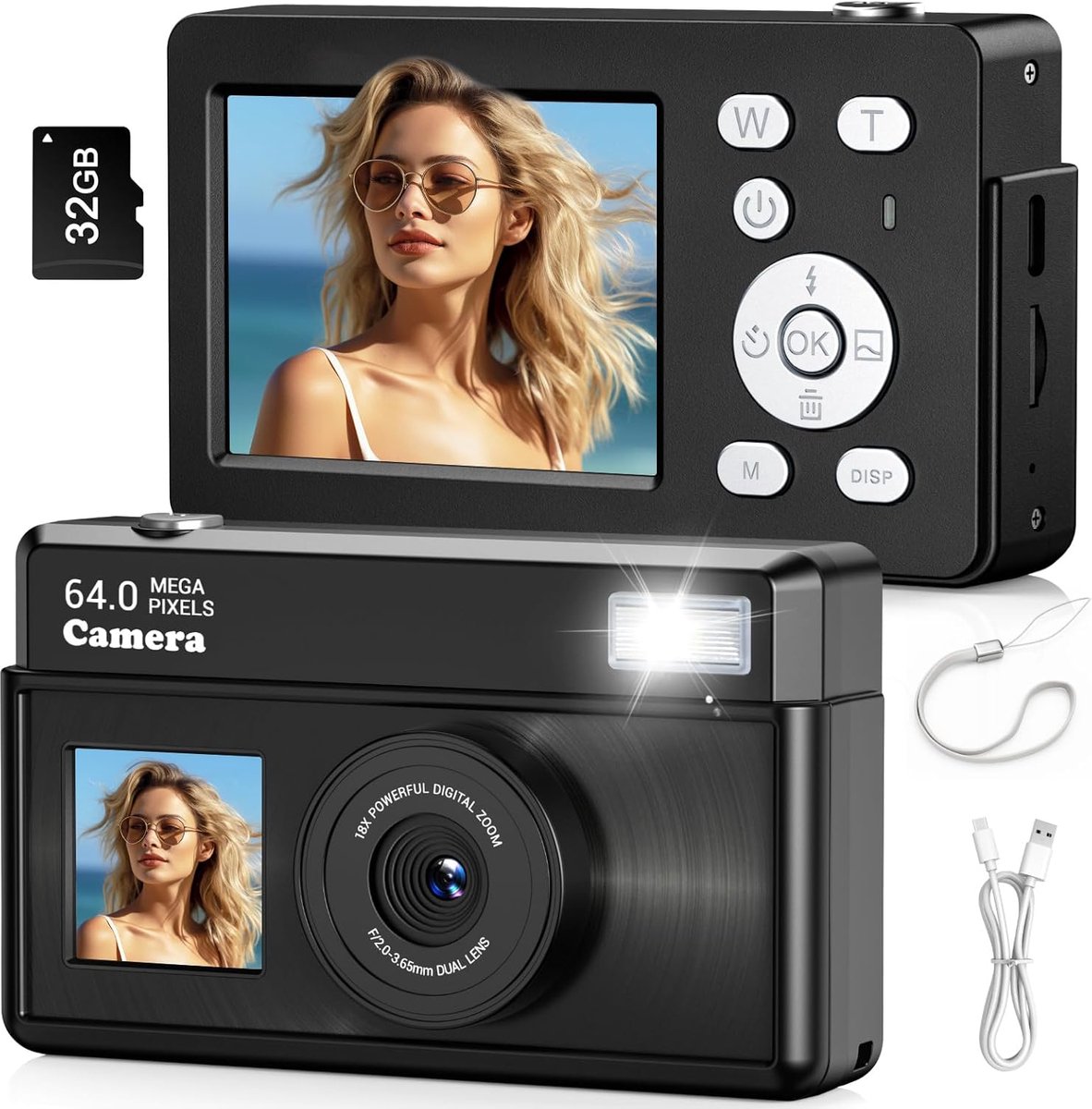 SnelShoppen - Digitale camera 4K 64MP compacte camera met 32 GB kaart, anti-shake, 18x zoom, vlogcamera voor tieners en volwassenen (zwart)