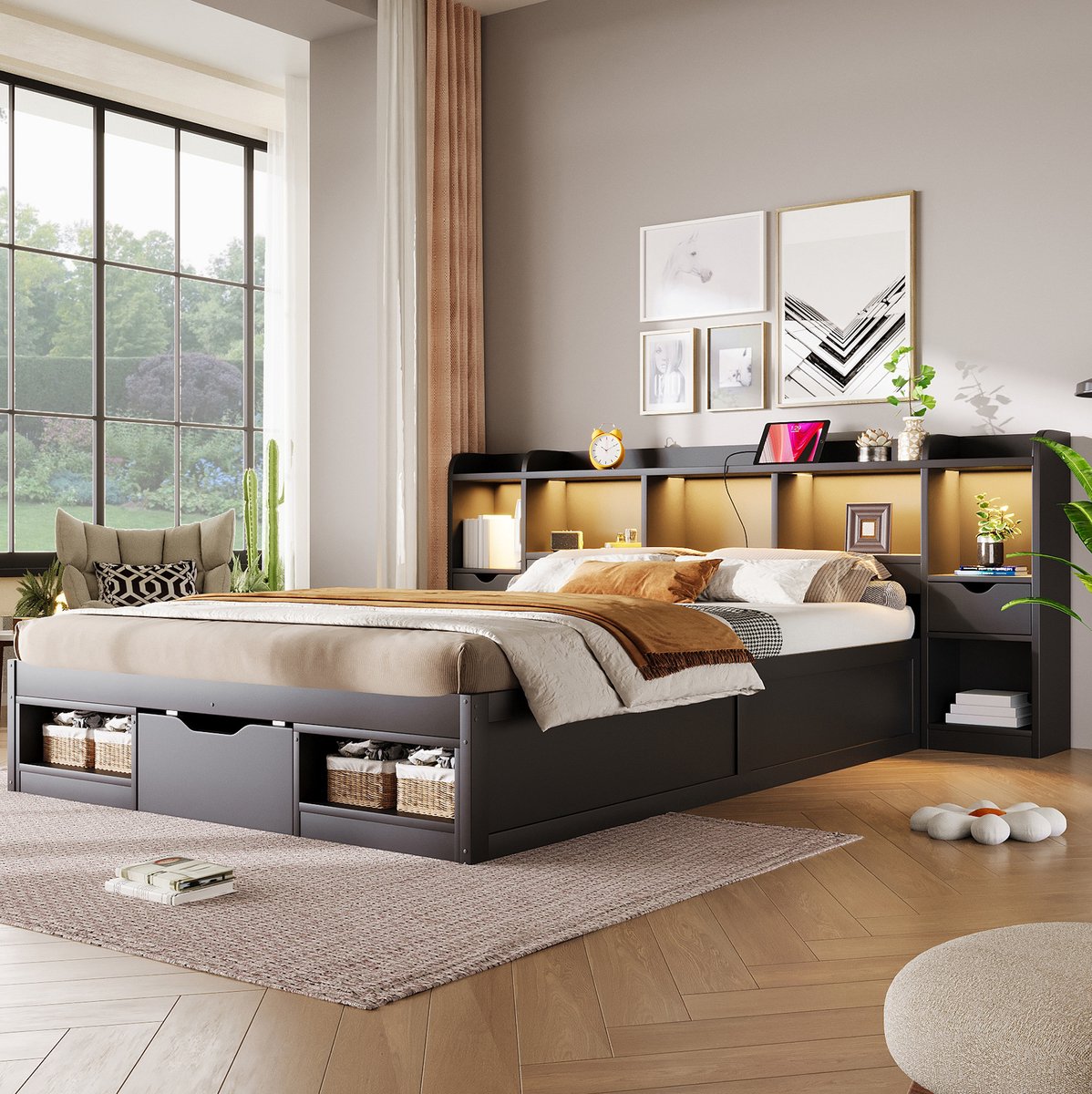 FloraGrace Bedframe 140x200cm - Bed Met Opbergruimte, 3 Lades, LED Verlichting En USB Aansluiting - MDF - Zwart - Zonder Matras