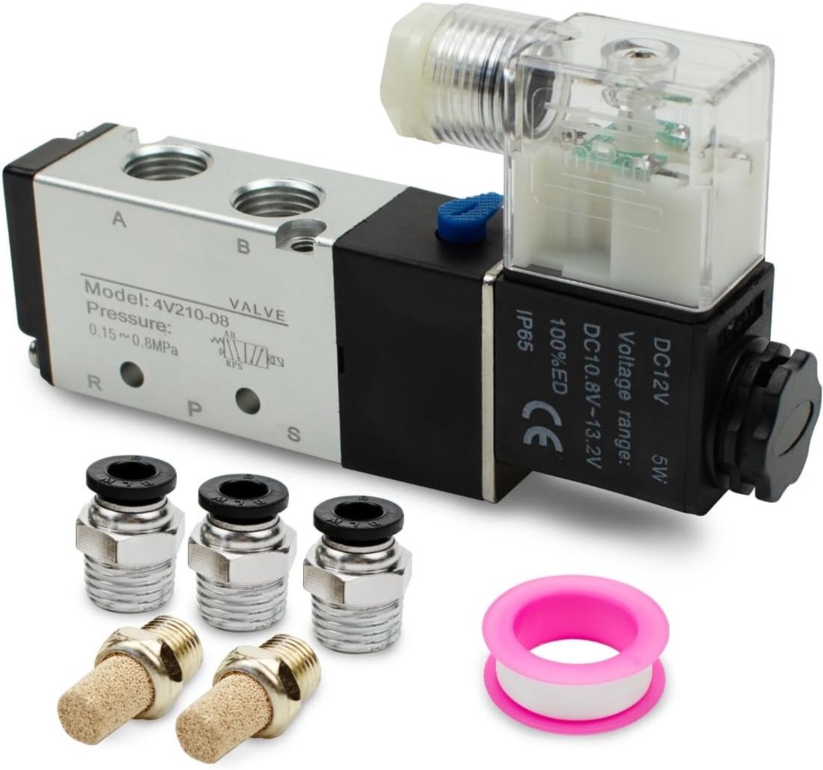Elektrische Pneumatische Solenoid Ventiel 4V210-08 DC12V 5-Weg 2-Positie met 3 PC6-02, 2 Geluidsdempers en Teflon Tape voor Pneumatische Toepassingen