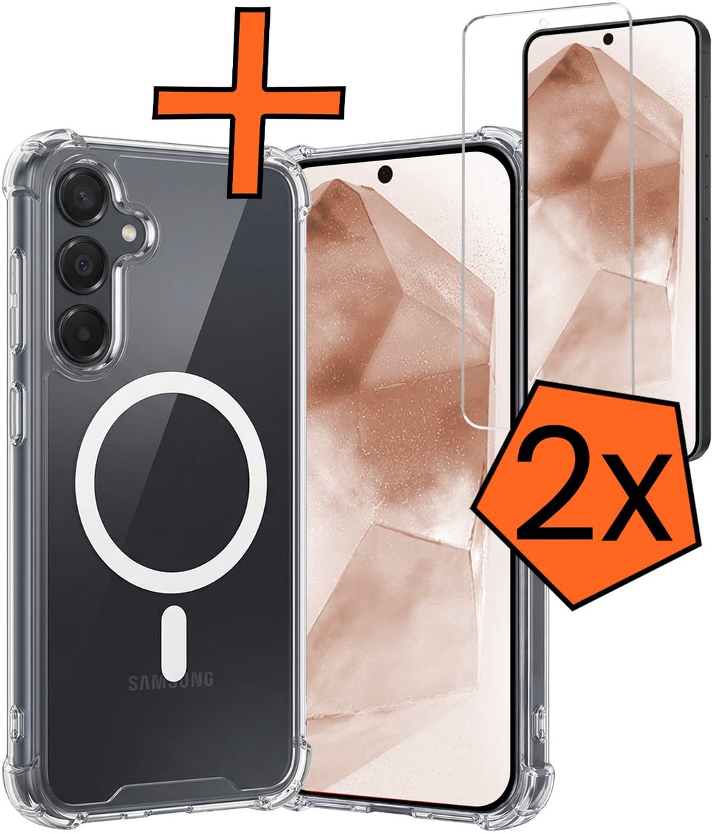 Hoes - Met 2x Screenprotector - Geschikt voor Samsung Galaxy A55 - Magsafe Compatible - Sterk & Shockproof - Back Cover - Shock Proof Case - Telefoon Hoes - Transparant