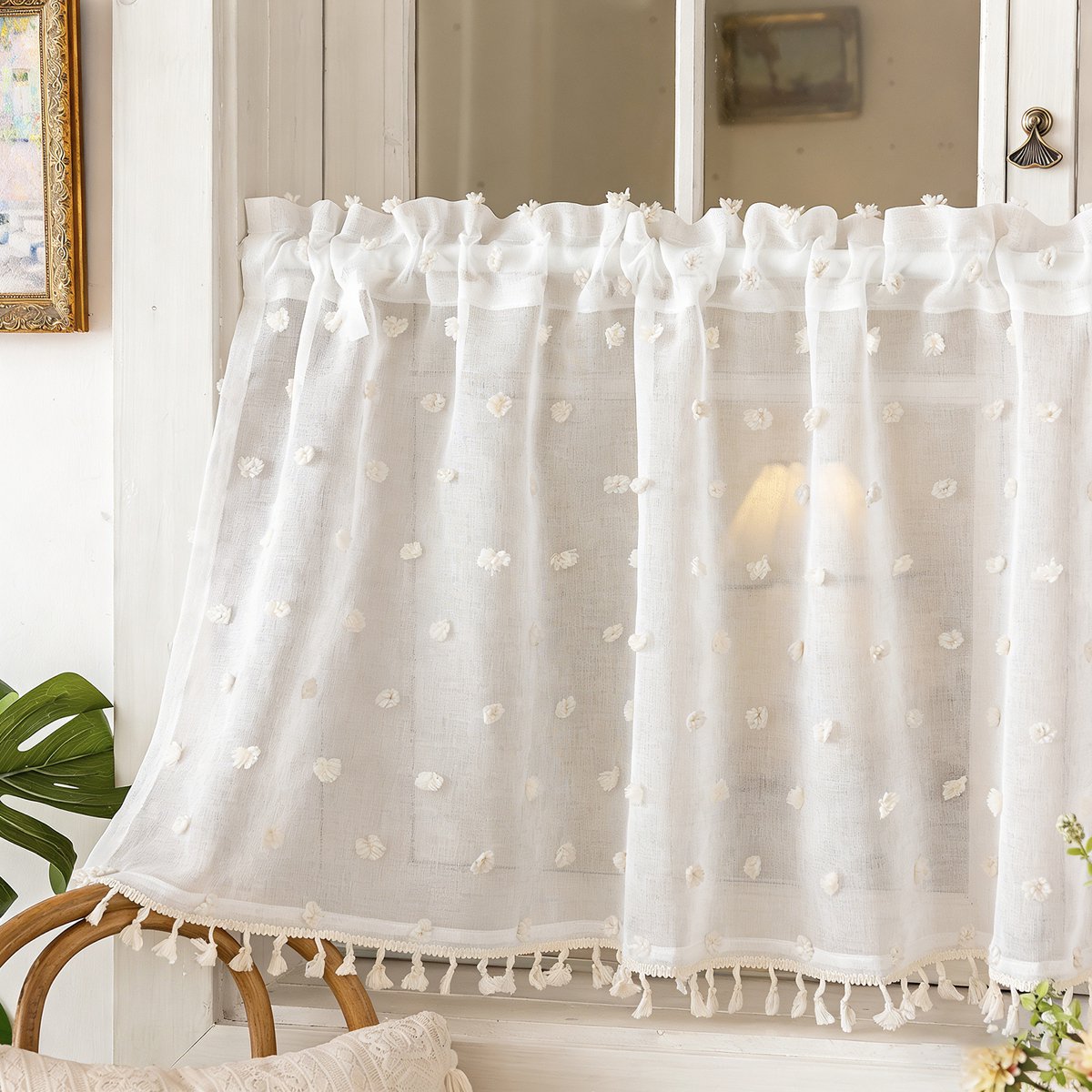 Qelus vitrages met pompons en kwastjes - wit - 140 x 46 cm - 1 paneel