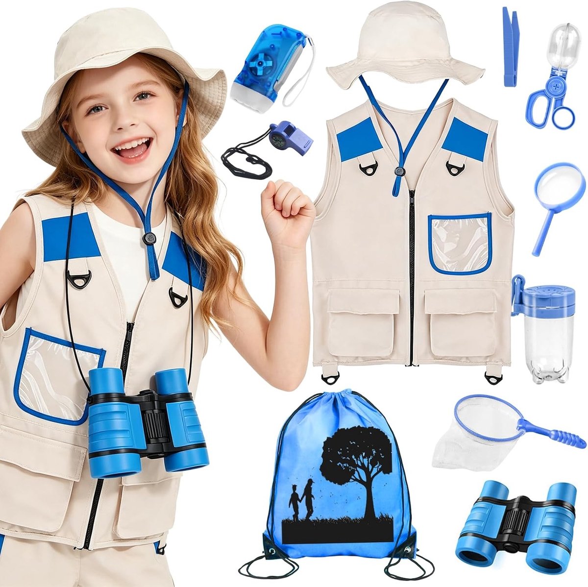 Onderzoeksset voor kinderen, 11 stuks, safarikostuum met ontdekkingshoed, vest, verrekijker en vlindernet, avontuurlijke kindercampinguitrusting voor jongens van 3-10 jaar, educatief speelgoed en cadeauidee