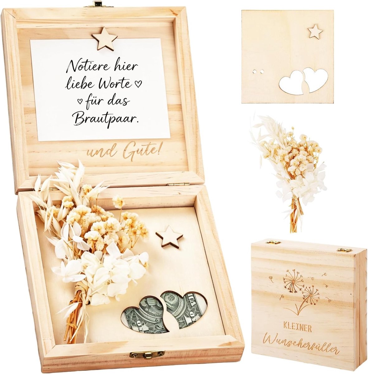 Geldgeschenkdoos Hout - Met Gedroogde Bloemen - Magnetisch Deksel - Bruiloftsgeschenk