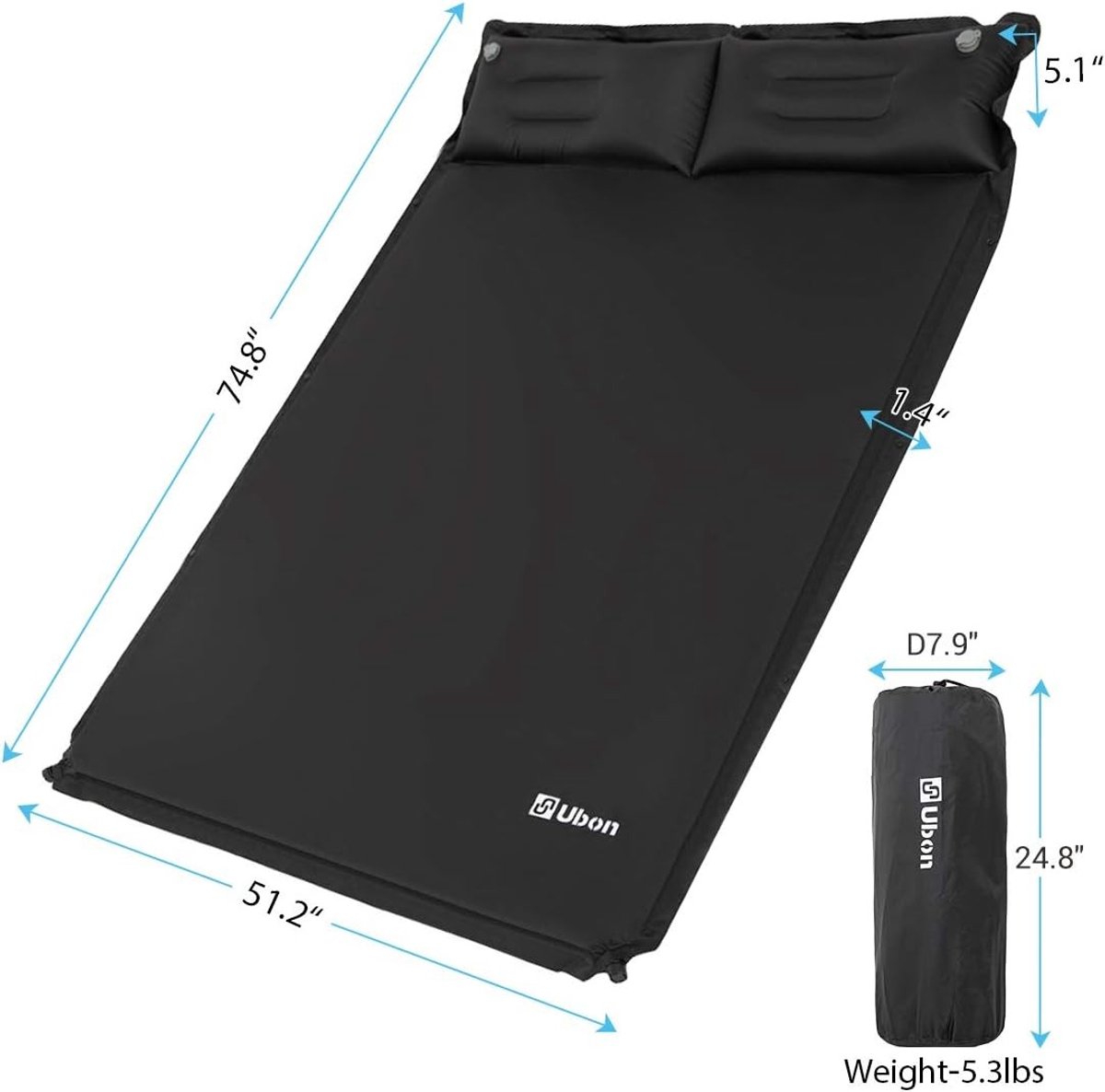 Zelfopblazend luchtbed 2 personen met kussen - 190x130 cm kampeermatras met sponsvulling