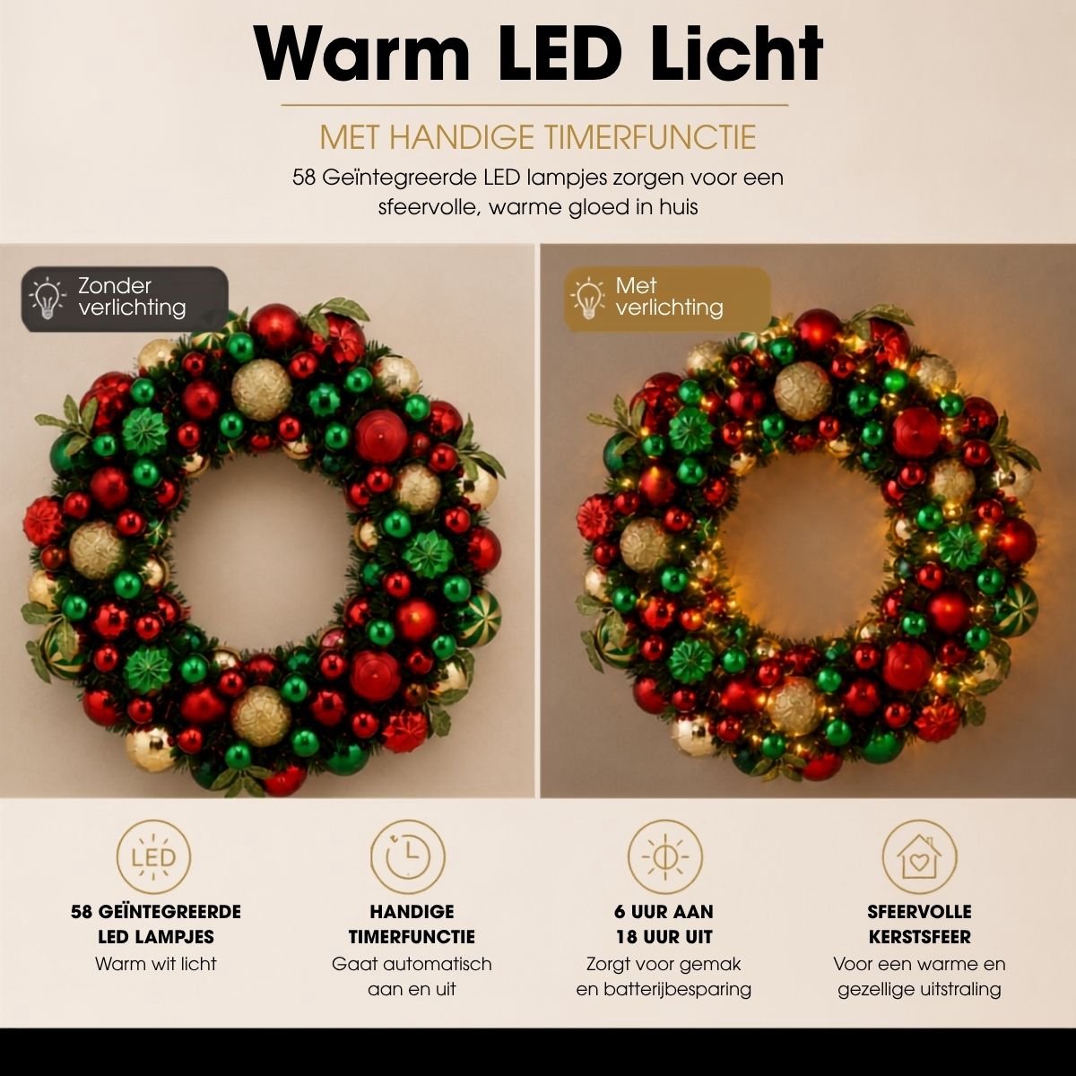 Mica Decorations Kerstkrans met Verlichting - Deurkrans H8,5 x Ø47 cm - Kerst Krans met Timer en Kerstballen - Multifunctionele Kerstversiering - Goud, Groen en Rood – foto 6