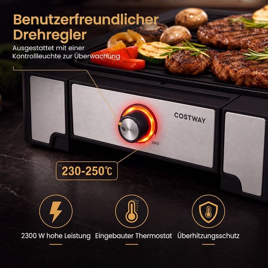 COSTWAY Elektrische Grill, 2300W Tafelgrill met Antiaanbakgrillplaat - BBQ Grill met 2 Verhittingszones & Vetopvangschaal, Elektrische Balkongrill incl. Grilltang, voor Kamperen & Balkon, 53x31x8,5 cm — afbeelding 3