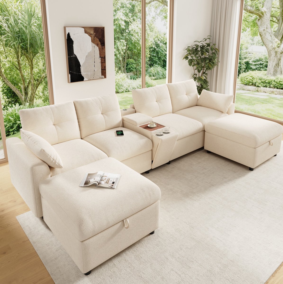 FloraGrace Hoekbank 6-Zits - Modulaire U-bank Met Opberg-Hockers, Middenconsole, USB En Type C - Voor Woonkamer - Chenille - Beige