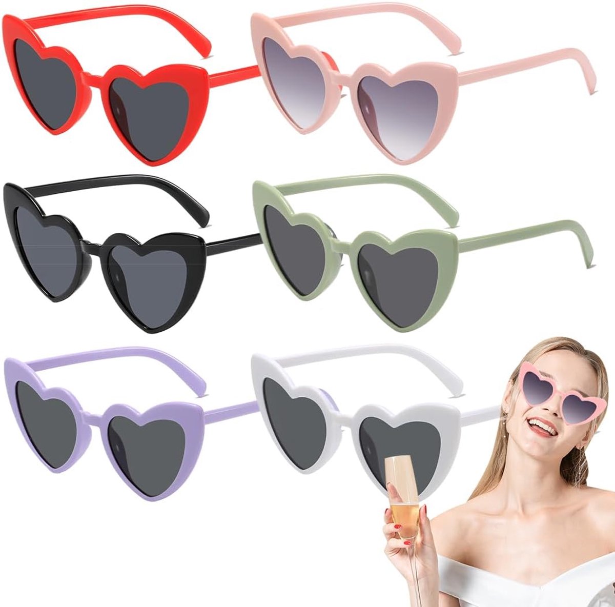 6 stuks dameszonnebril, vintage hartvormig glas, party, met UV400-zonnebescherming, modieuze bril voor vrouwen, mannen, kinderen, feest, reizen, Rood