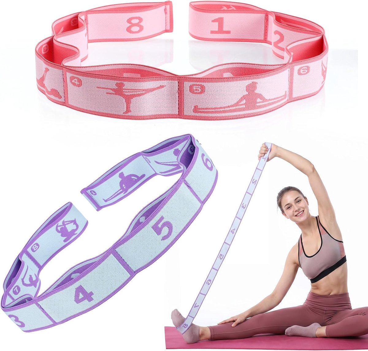 2 stuks yoga stretchband met 8 lussen, elastische yoga stretchband met lussen fitnessbanden band fitness stretchband been stretchband elastische weerstandsbanden voor oefeningen