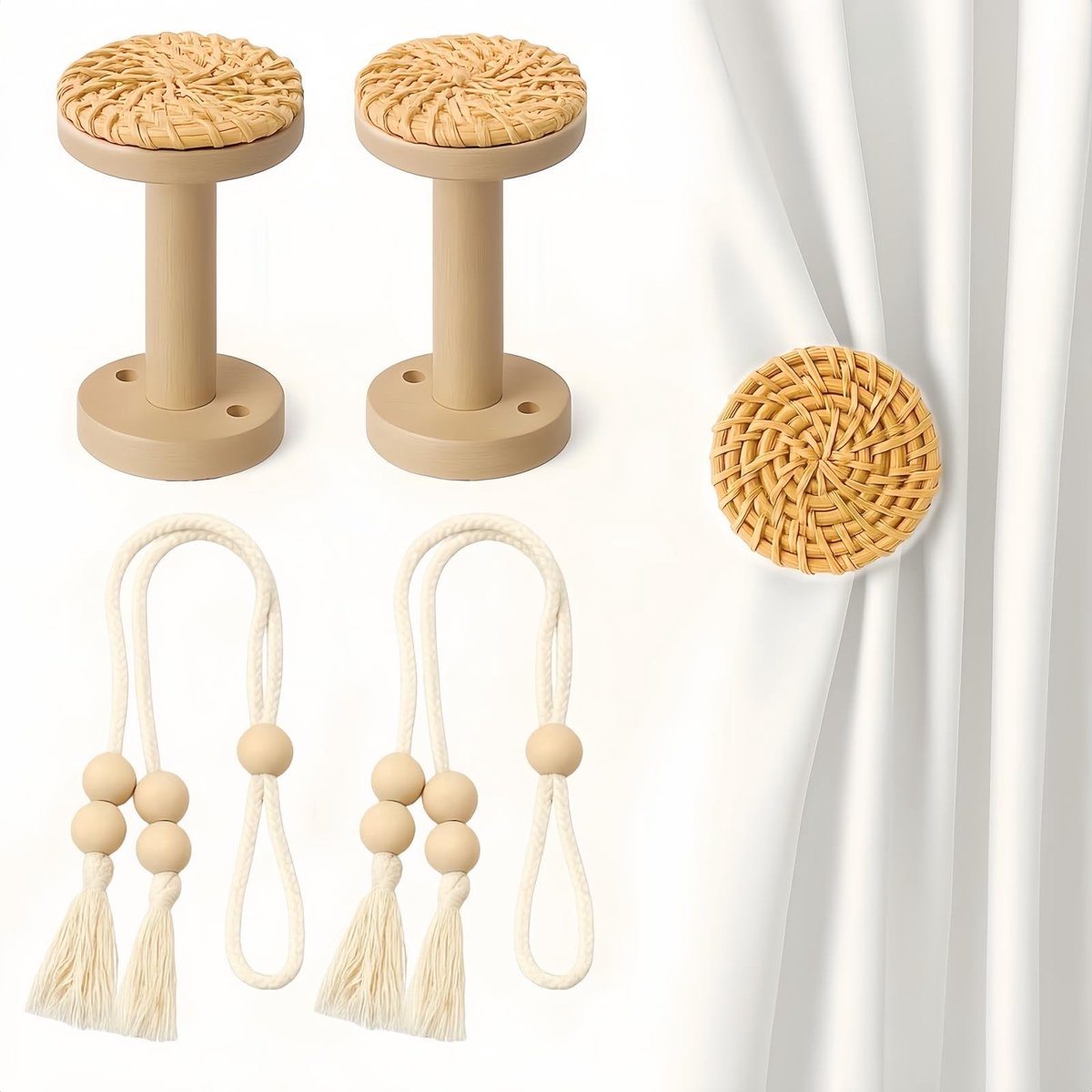 Omgoods - 2 Stuks Boho Rattan Gordijnhouders met Kwast - Decoratieve Wandhaken