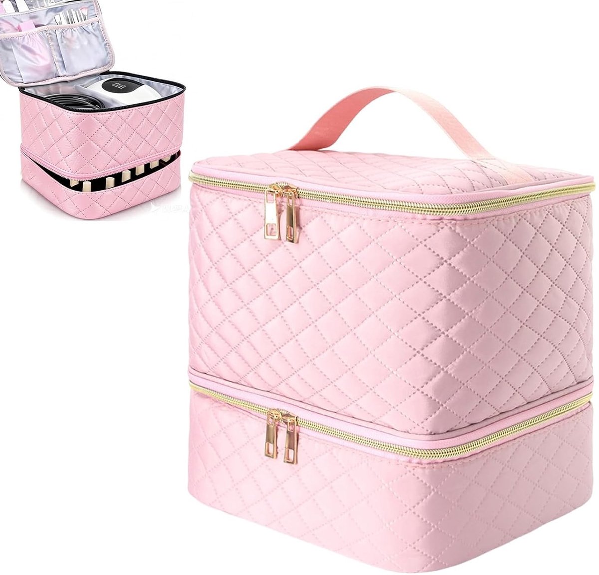 Omgoods - Dubbele Laags Nagellak Opbergdoos - Draagbare Organizer voor 30 Flessen (Roze, M)