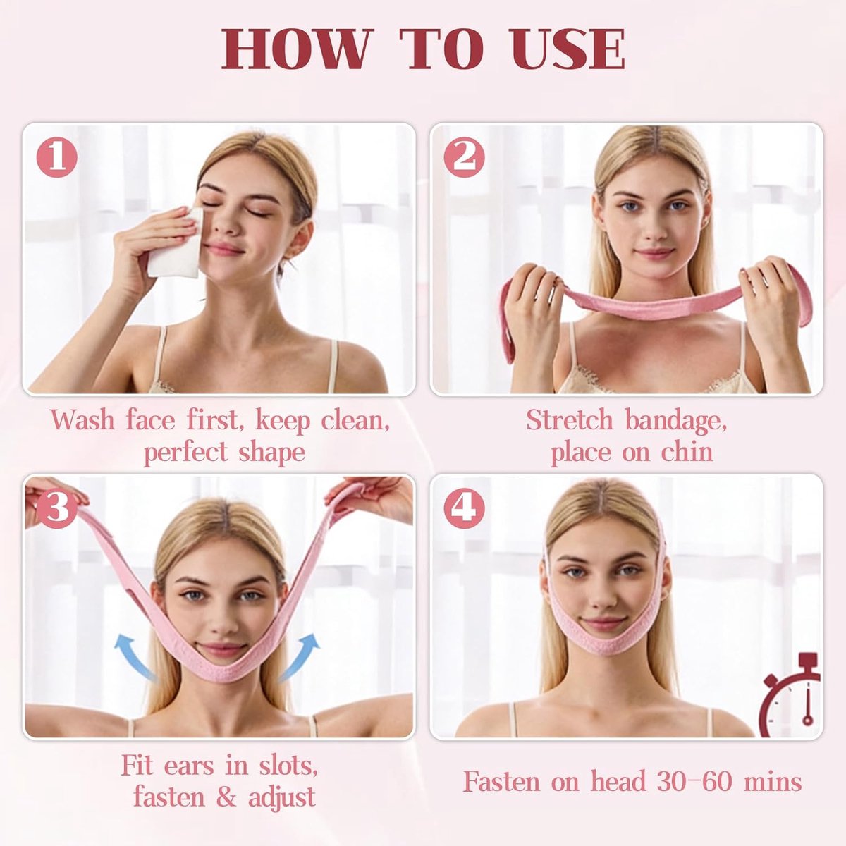Entferner, V-vormig Gezichtsmasker met Kinband voor Slaapapneu, Gezichtsmasker voor Liftend Effect, Kinversteviger voor Gezicht, Maat M, Roze